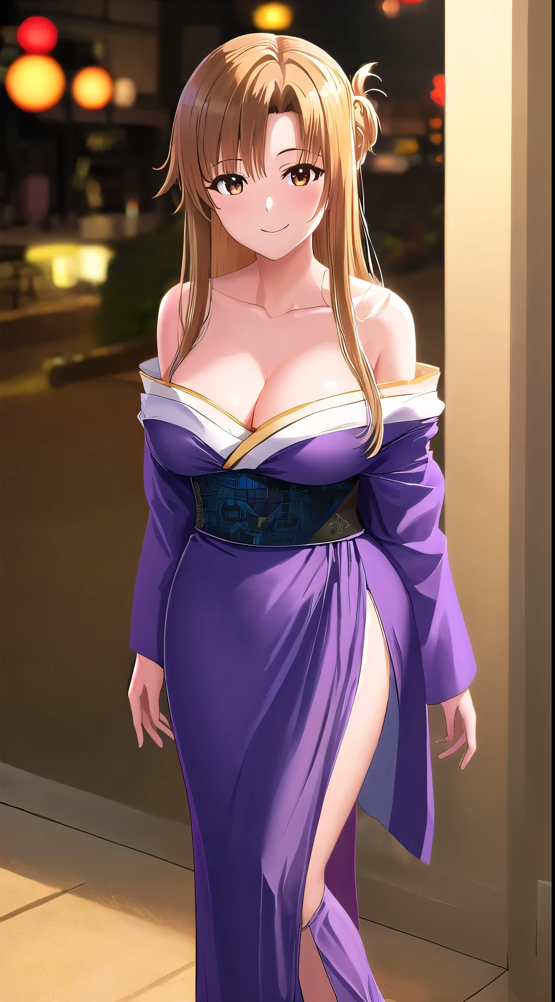 (best quality:1.5, highres, UHD, 4K, detailed lighting, shaders, HDR), asuna yuuki, light brown long hair, large breasts, off shoulder kimono, cleavage, smiling, standing, close shot, night background