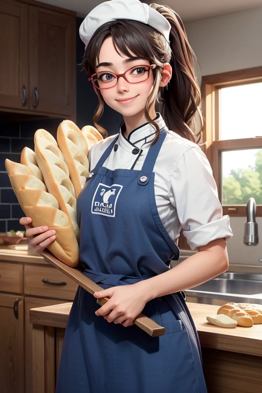 Beautiful girl, 16 years old, ponytail, facial hair, wearing glasses, smiling brightly, happily making bread, carrying a tray of bread into the oven, many kinds of bread in the tray, fragrant and delicious, (wearing  cute chef  (wearing a chef's hat)), in the kitchen, anime, high quality