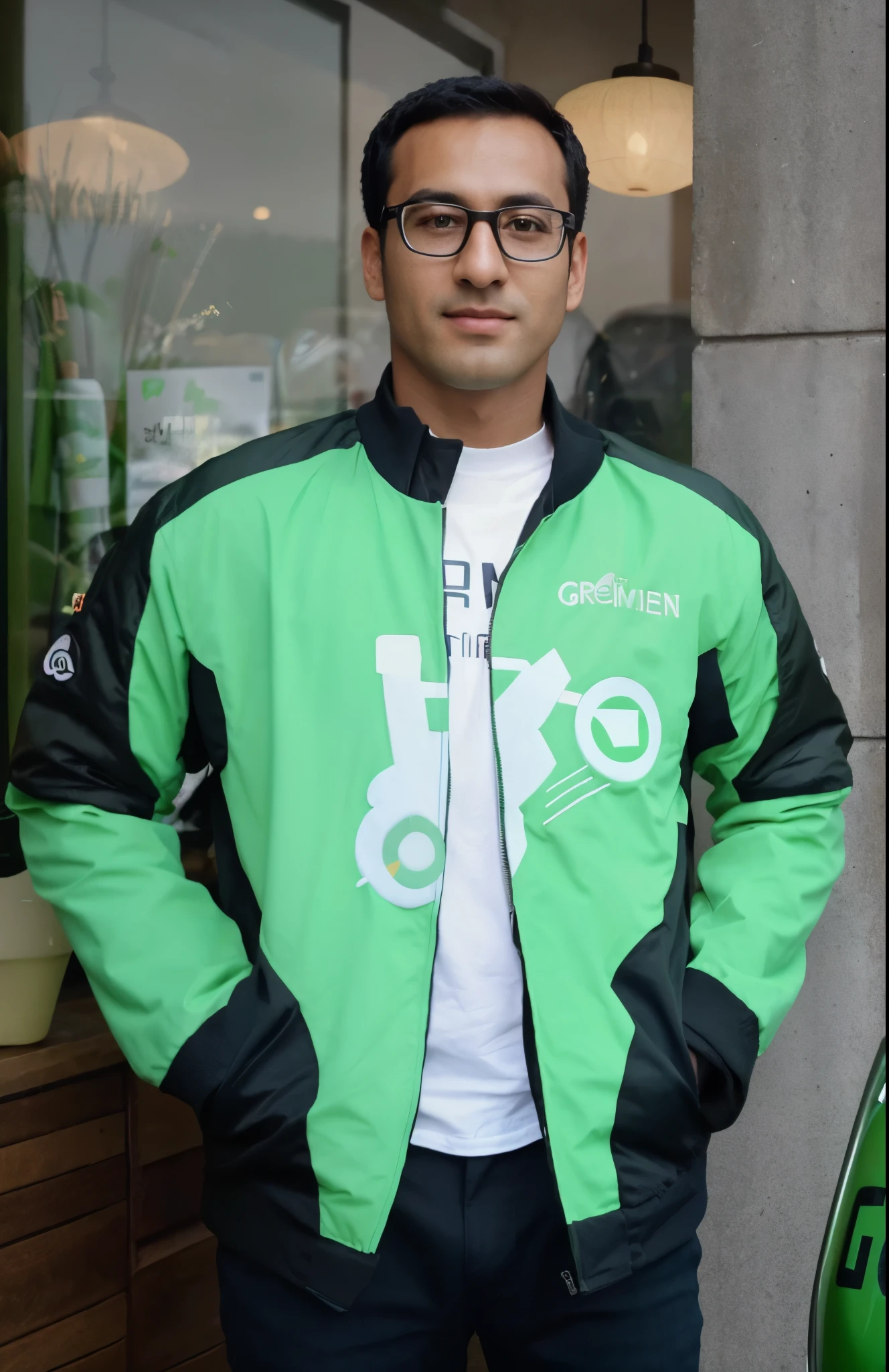 arafed man in a green jacket standing next to a green motorcycle, wearing green jacket, gooseman, green colored bomber jacket, without helmet, wearing jacket, jacket, biker, posed, hello, sports jacket, illustrator, its name is greeny, candid, but very good looking”, gadget, closeup portrait shot, geek, pr shoot, candid shot, candid picture