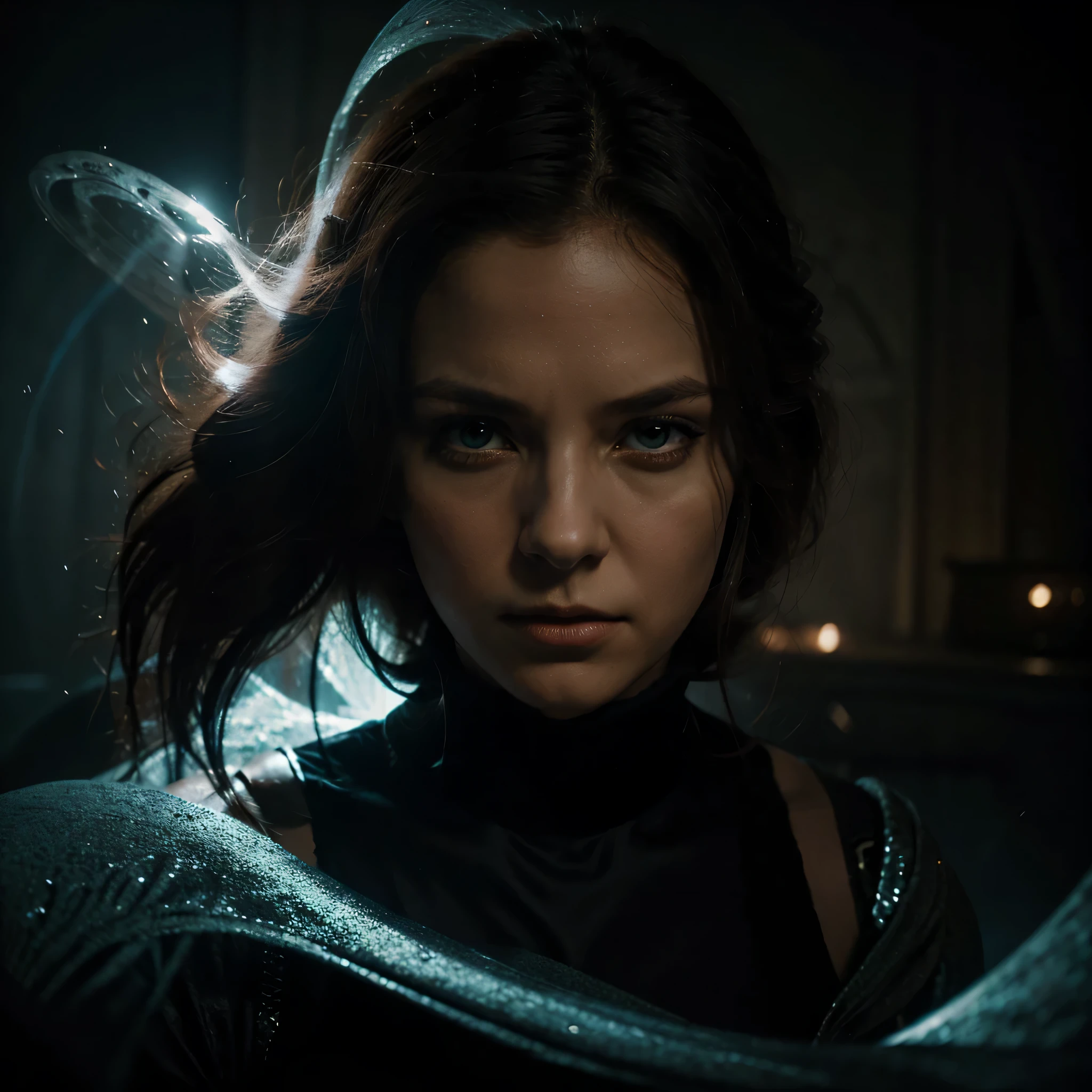 photo, portrait, intimidating Woman floating [a discovery of a wormhole leads to new worlds|a cursed prince must marry a monster], [scifi:fantasy:0.6] cinematic Lighting