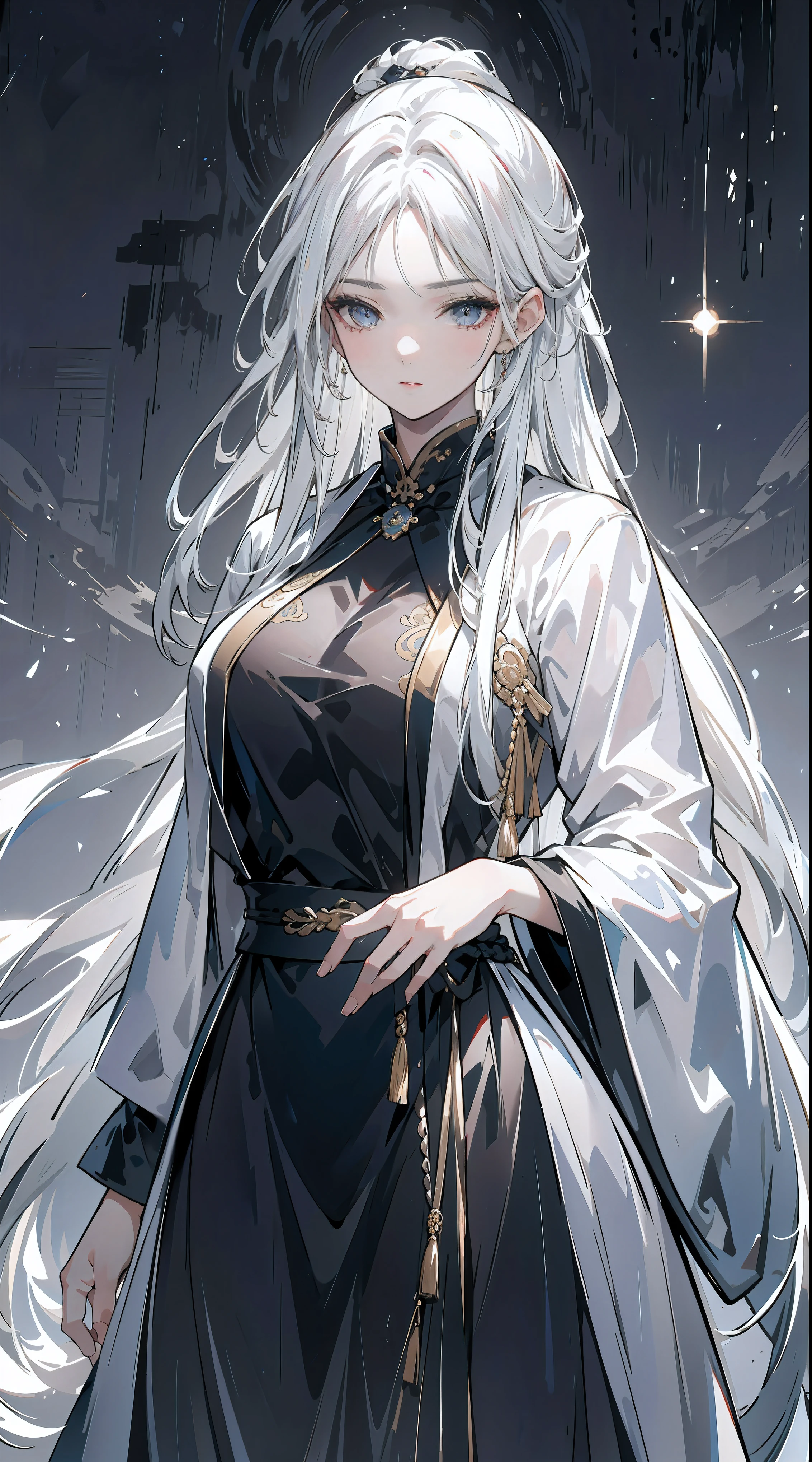 (photorealistic, high resolution, 1woman:1.1, solo, hips up, look at viewer, detailed face:1.1), white hair, long hair, Taoist robe, oversized clothes, jewelry, serene expression, soft lighting, subtle background details, ethereal atmosphere.