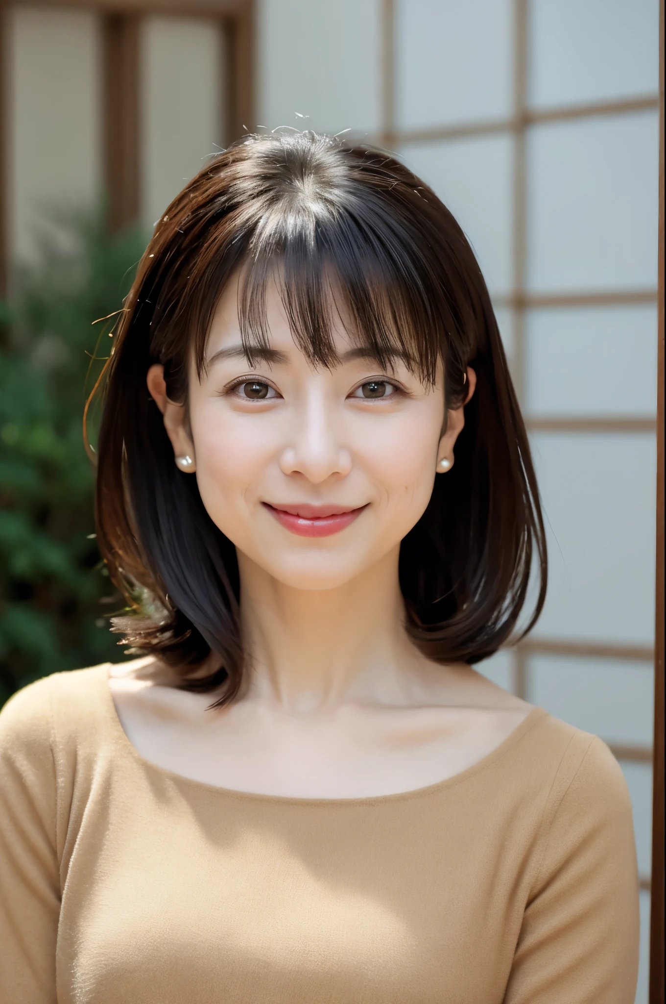 portrait, 8K, high quality, realistic photo image, 39 years old, Japan woman, neat and clean wife, small, housewife, reproduce natural and realistic eyes, Japan person stand, small, beautiful black hair, light makeup, octane rendering, beautiful lighting, golden ratio composition, smile, everyday wear, casual clothes, natural background, blurred background, 4k, high quality, realistic photo image, Japan woman, 37 years old, pure Japan face, lovely wife, upper body, small breasts, light makeup, suppin, neat beauty, mature woman, sober clothes, gray, beige, blue, sober, casual attire, smile, black hair, small black eyes, background blur