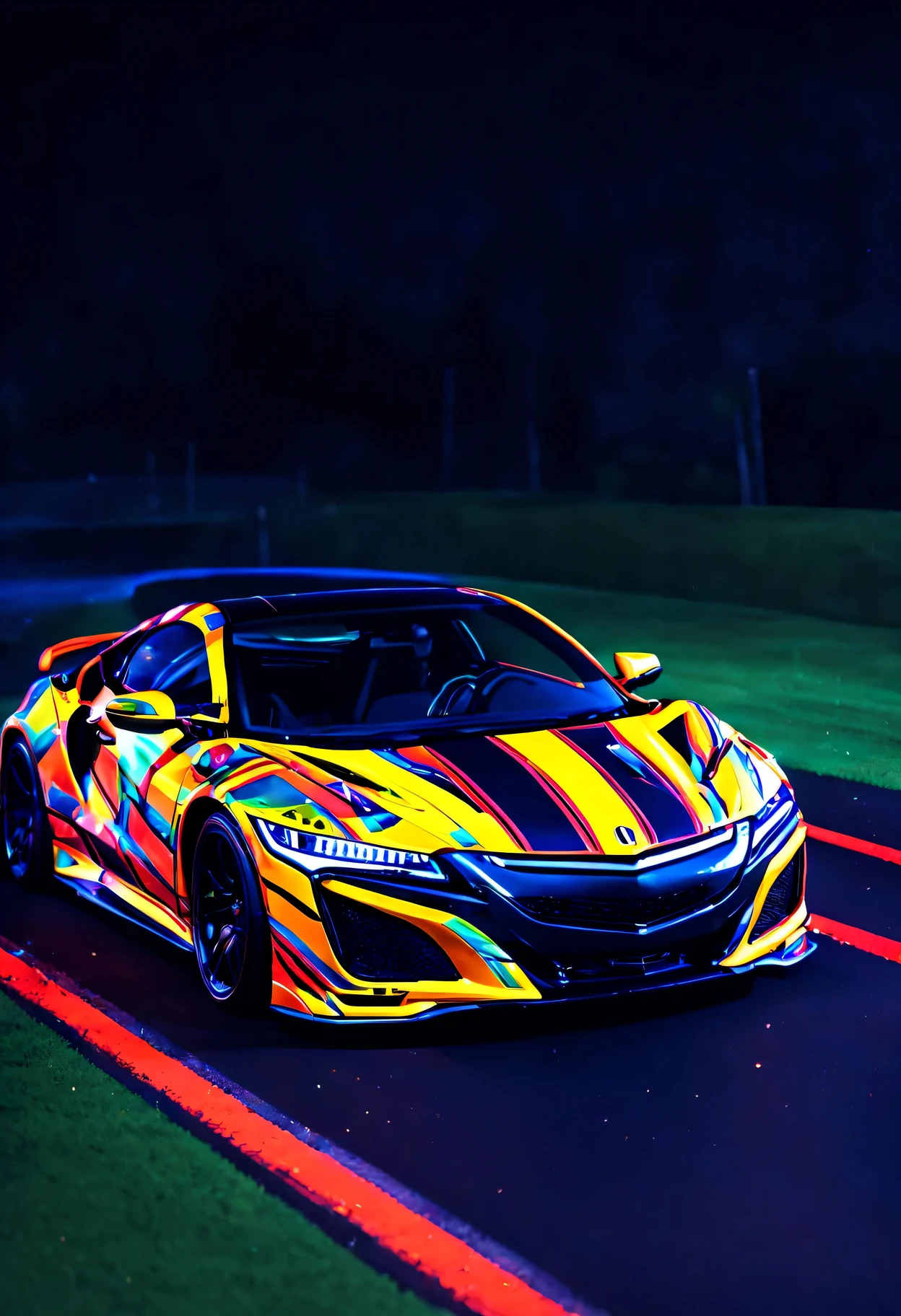PENeonUV, blacklight, neon, (((A photo realistic image of a Acura NSX))), ((Wide View)), (setting race track), ((wide shot)) , sharp, detailed car body , detailed tires, (masterpiece, best quality, ultra-detailed, 8K), race car, street racing-inspired, Drifting inspired, LED, ((Twin headlights)), (((Bright neon color racing stripes))), (Black racing wheels), Wheel spin showing motion, Show car in motion, Burnout, wide body kit, modified car, racing livery, masterpiece, best quality, realistic, ultra high res, (((depth of field))), (full dual color neon lights:1.2), (hard dual color lighting:1.4), (detailed background), (masterpiece:1.2), (ultra detailed), (best quality), intricate, comprehensive cinematic, magical photography, (gradients), glossy, Fast action style, Sideways drifting in to a turns,