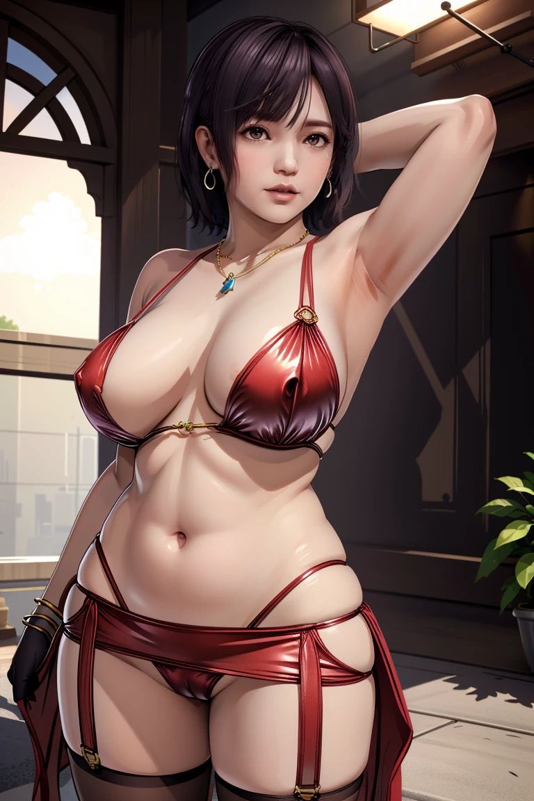 nagisa, 1girl, (solo), masterpiece, best quality, detailed face, face focus, shiny skin large areolae, puffy nipples, small breasts, cleavage, arms behind head, armpits, spread legs, standing, muchimuchi, abs, BREAK (microdress), evening dress, shiny dress, elbow gloves, navel, underwear, micro, skirt, thigh highs, skindentation, o-ring, earrings, necklace, bracelet, golden, jewelry