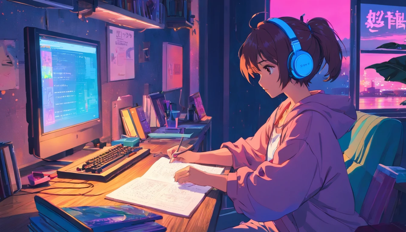 (zero), Girl studying in her room, reading a book, Wear headphones, , night lights, Neon landscape on a rainy day,Analog Color Theme, Lo-Fi Hip Hop , retrospective, flat, 2.5D ,Draw a line, Ink Drawing, Large slope, Watercolor painting, Goosch Colors, Studio Ghibli Style, Awesome colorful, Outer Ton, Synthwave, lofi art,90s style,Old texture, amplitude,90s vibe, masutepiece, Tremendous technology, 16:9 scale