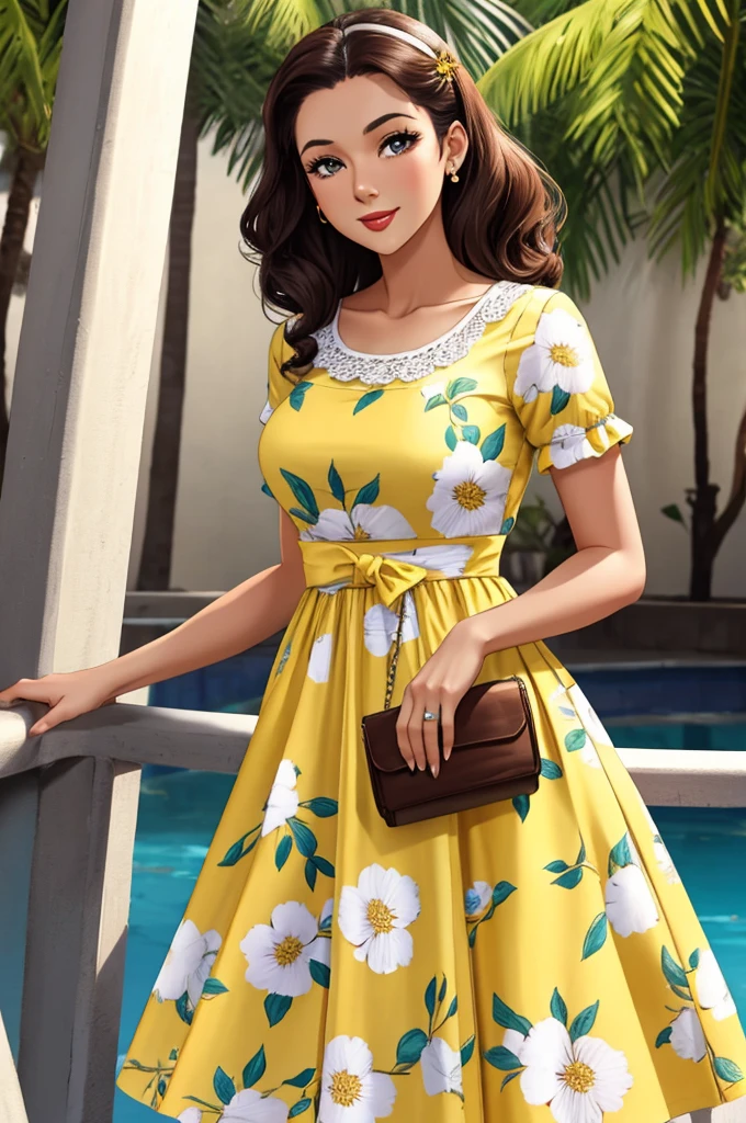 Best quality, woman, 40´s pinup style, floral white and yellow fence dress, florish