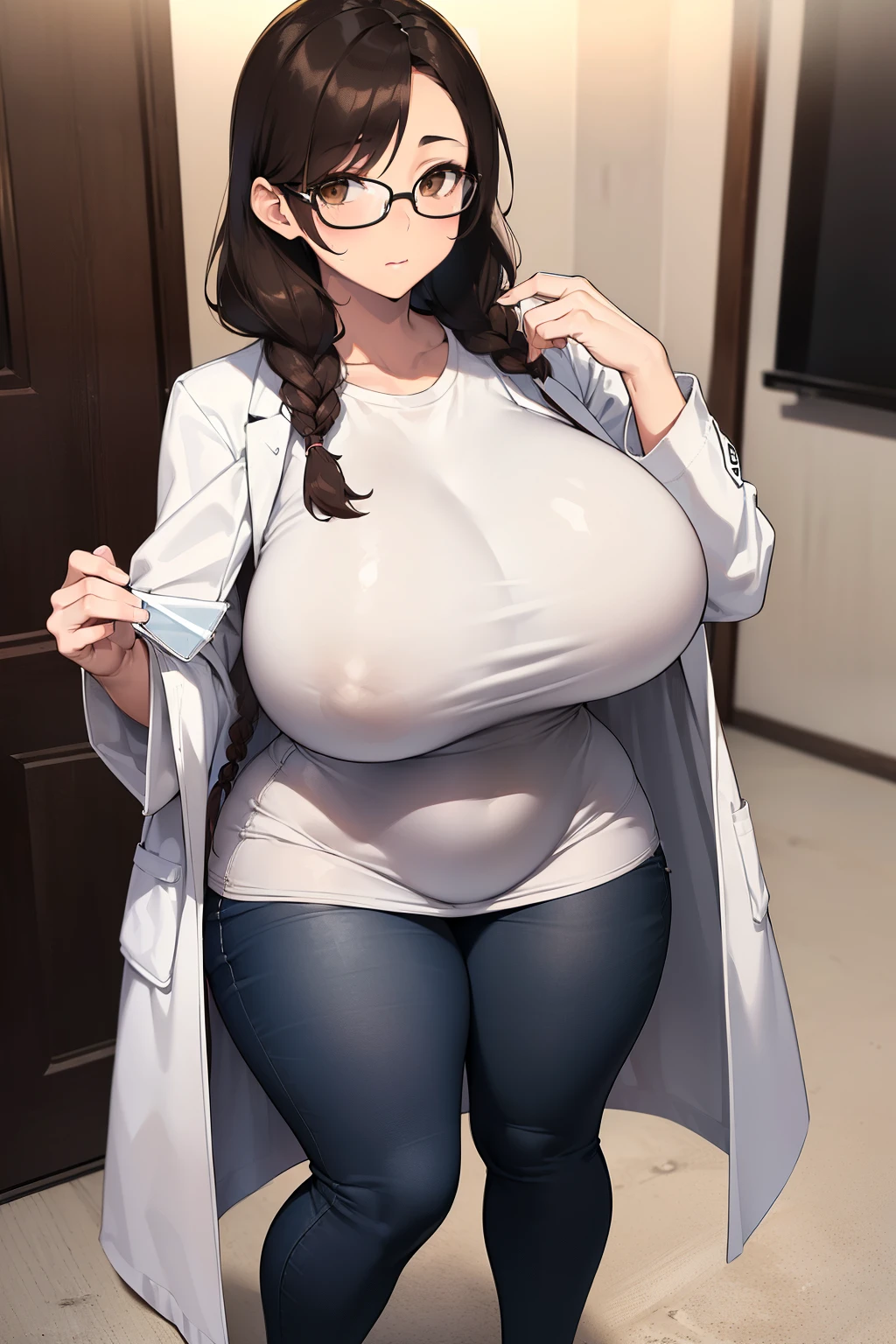 ((Huge boobs)),big ass,((wide hips)),((white girl)),((brown long hair)),((brown eyes)),((braids hair)),((thicc thights)),((glasses)),milf,((white tshirt)),((long black jean)),white shoes,((white doctor's coat))