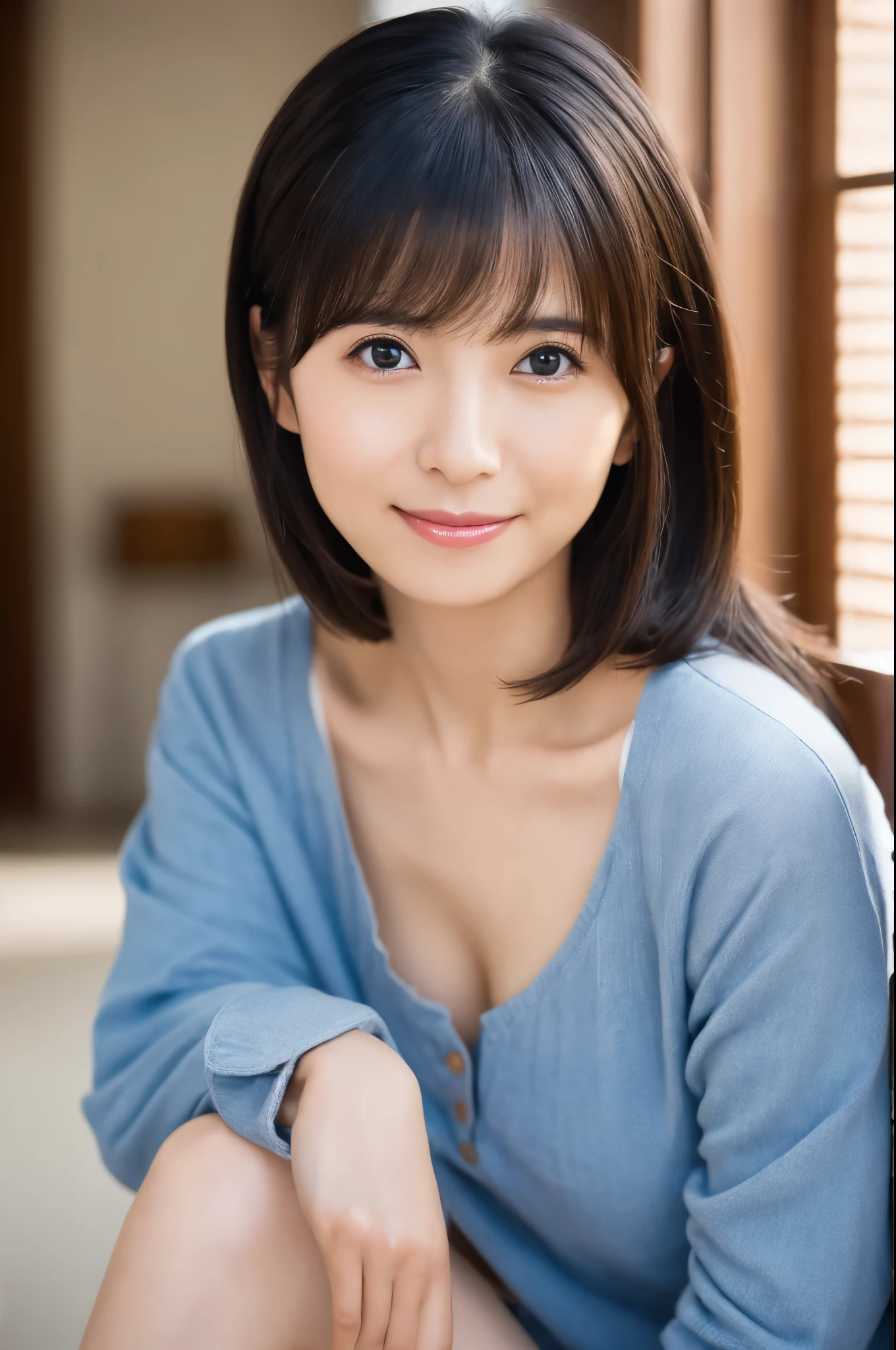 portrait, 8K, high quality, realistic photo image, 39 years old, Japan woman, neat and clean wife, small, housewife, reproduce natural and realistic eyes, Japan person stand, small, beautiful black hair, light makeup, octane rendering, beautiful lighting, golden ratio composition, smile, everyday wear, casual clothes, natural background, blurred background, 4k, high quality, realistic photo image, Japan woman, 37 years old, pure Japan face, lovely wife, upper body, small breasts, light makeup, suppin, neat beauty, mature woman, sober clothes, gray, beige, blue, sober, casual attire, smile, black hair, small black eyes, background blur