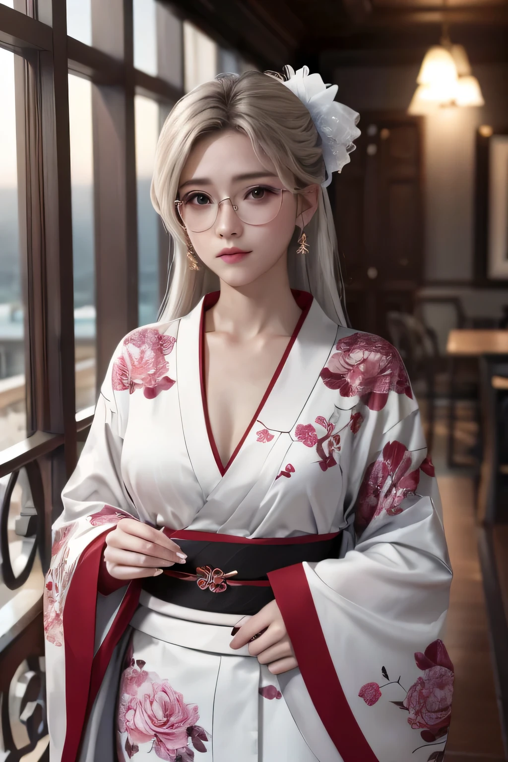 (extremely detailed CG unity 8k wallpaper), the most beautiful artwork in the world, 1 girl, in a balcony hotel, with a glases, very beautiful, using white kimono, bluses, single, white toning skin, introvert, medium .
