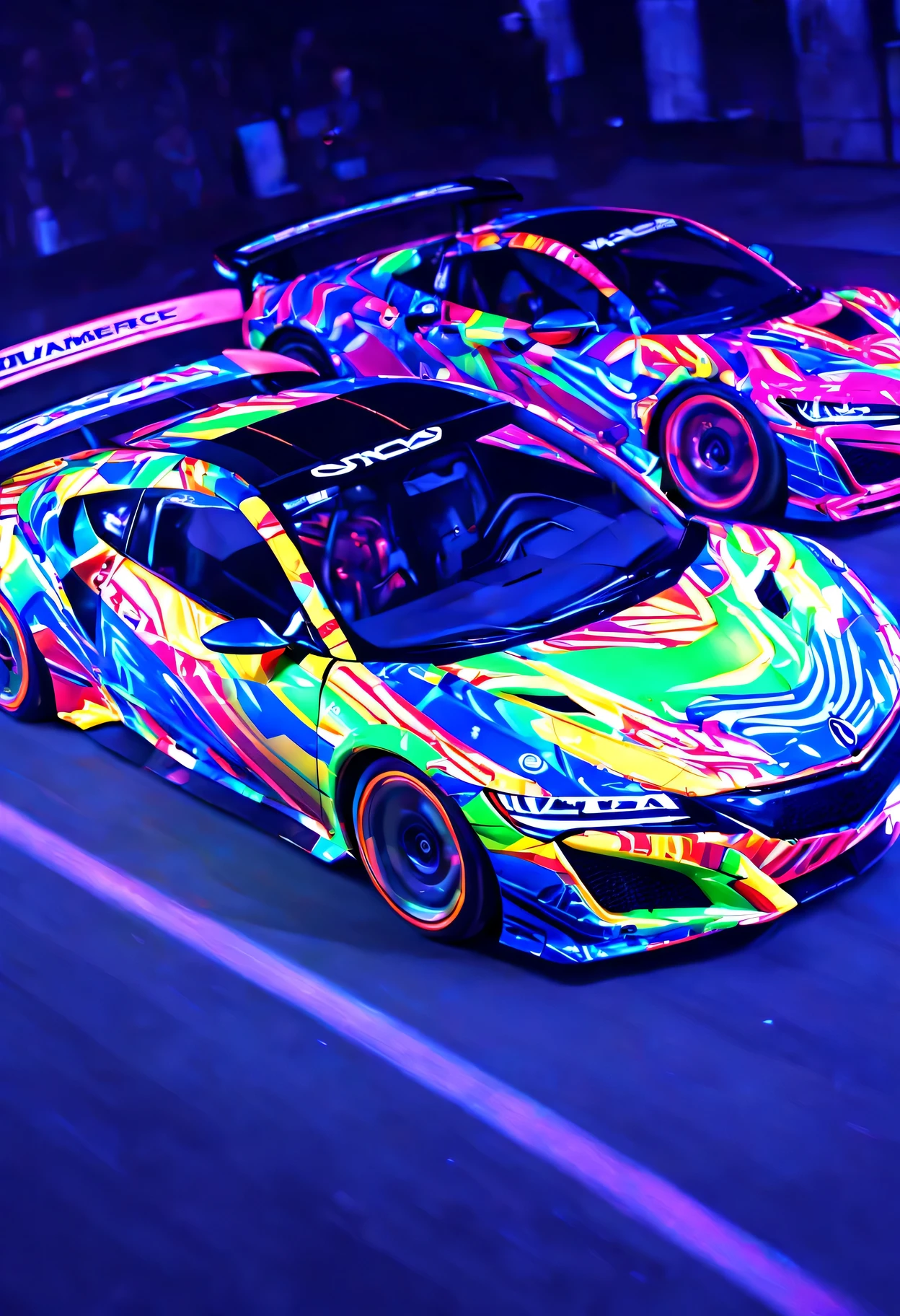 PENeonUV, blacklight, neon, (((A photo realistic image of a Acura NSX))), ((Wide View)), (setting race track), ((wide shot)) , sharp, detailed car body , detailed tires, (masterpiece, best quality, ultra-detailed, 8K), race car, street racing-inspired, Drifting inspired, LED, ((Twin headlights)), (((Bright neon color racing stripes))), (Black racing wheels), Wheel spin showing motion, Show car in motion, Burnout, wide body kit, modified car, racing livery, masterpiece, best quality, realistic, ultra high res, (((depth of field))), (full dual color neon lights:1.2), (hard dual color lighting:1.4), (detailed background), (masterpiece:1.2), (ultra detailed), (best quality), intricate, comprehensive cinematic, magical photography, (gradients), glossy, Fast action style, Sideways drifting in to a turns,