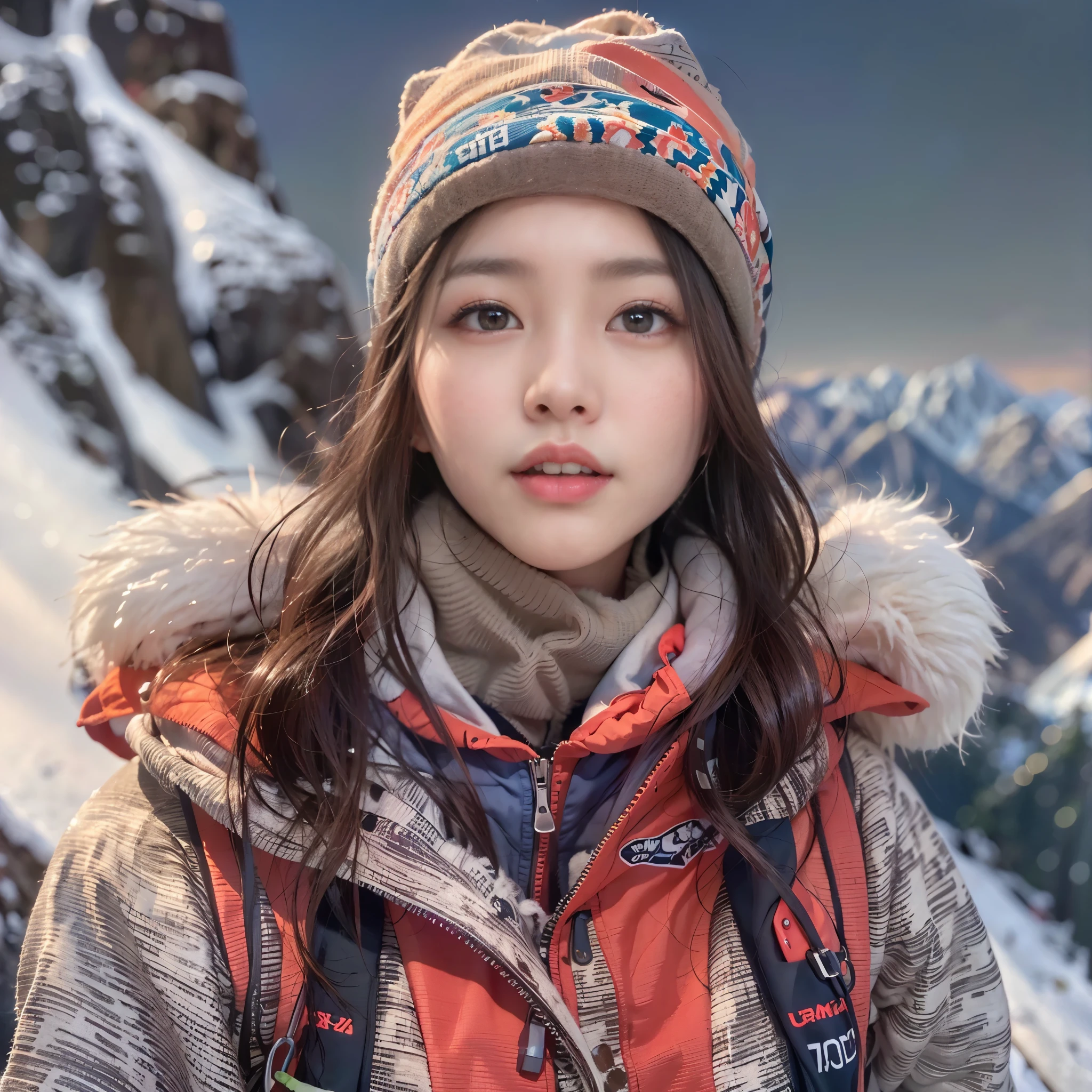 symmetrical, Compositions with coloful geometric arabesque patterns, (cowboy shot), (Bun hair, dark brown hair), (top-quality, Photorealsitic:1.4, masterpiece:1.3, RAW Photography:1.2, cinematric light, very detailed illustration), (1woman:1.3, solo), (登山服:1.3), (asian girl, ultra delicate face, ultra Beautiful fece, ultra delicate eyes, ultra detailed nose, ultra detailed mouth, ultra detailed facial features), petite woman, (midium :1.3), from the front side, skiny, lipgloss, smile:0.8, Make a heart shape with your fingers and pose, 登山, 山登り, ハイキング, 冬山