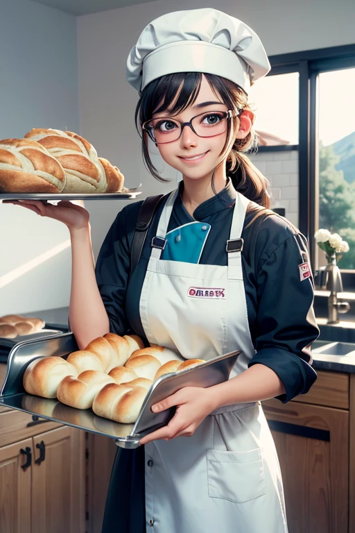 Beautiful girl, 16 years old, ponytail, facial hair, wearing glasses, smiling brightly, happily making bread, carrying a tray of bread into the oven, many kinds of bread in the tray, fragrant and delicious, (wearing cute chef (wearing a chef's hat)), in the kitchen, anime, high quality