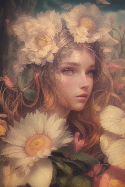 a drawing of a woman with flowers in her hair, detailed face, detailed skin, detailed texture, detailed environment, goddess. extremely high detail, realisitic, photorealistic, 8K, UHD,