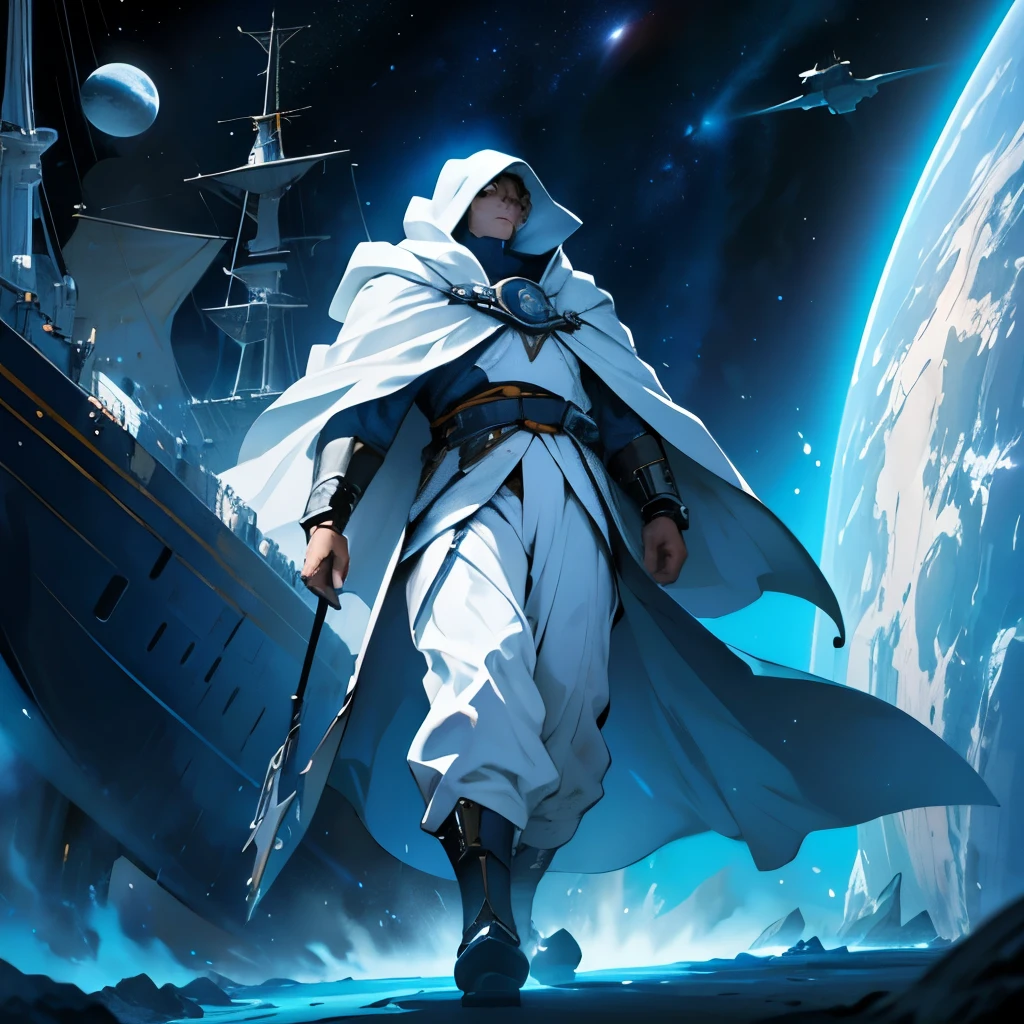 In space, a blue planet with celestial bodies, a huge ship, and many spaceships. The tall hero stands floating in space, facing these ships. He wears a white cloak.