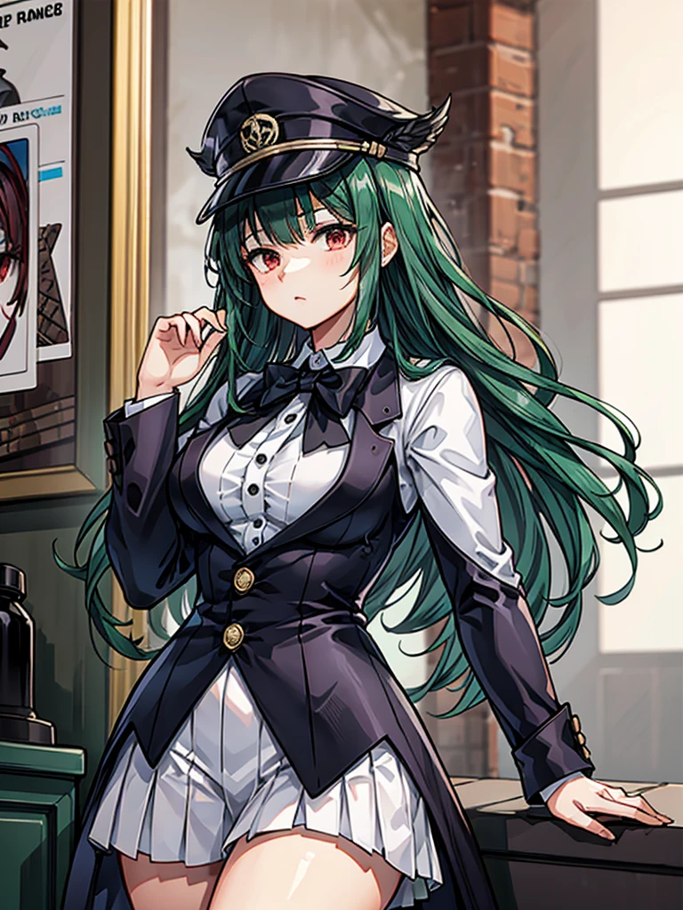 (((masterpiece、Highest image quality、highest quality、highly detailed unity 8kwallpaper)))、((Illustration of one girl))、(((beautiful girl)))、((green hair、long hair、straight、red eyes))、((Men:1.2、silk hat、tuxedo))、steampunk、(chimney)、19street corner of the century