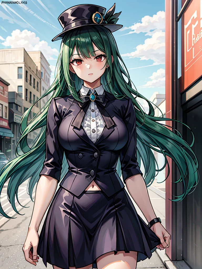 （（（masterpiece、Highest image quality、highest quality、highly detailed unity 8ｋwallpaper）））、（（Illustration of one girl））、（（（beautiful girl）））、（（green hair、long hair、straight、red eyes））、（（Men：1.2、silk hat、tuxedo））、steampunk、（chimney）、１９street corner of the century