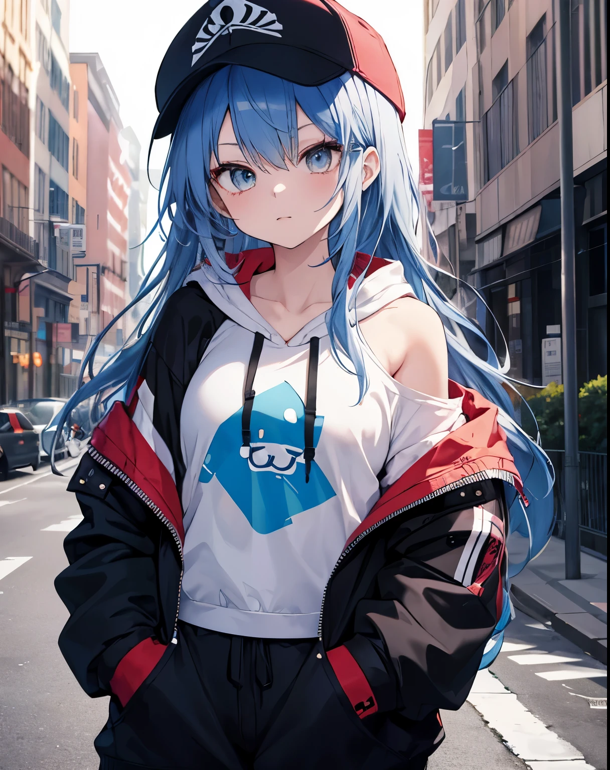 muste piece,1 girl,solo,long hair,blue hair,a hoodie,off shoulder:1.2, mob cap, Street style,put your hand on your waist, hand in pocket,