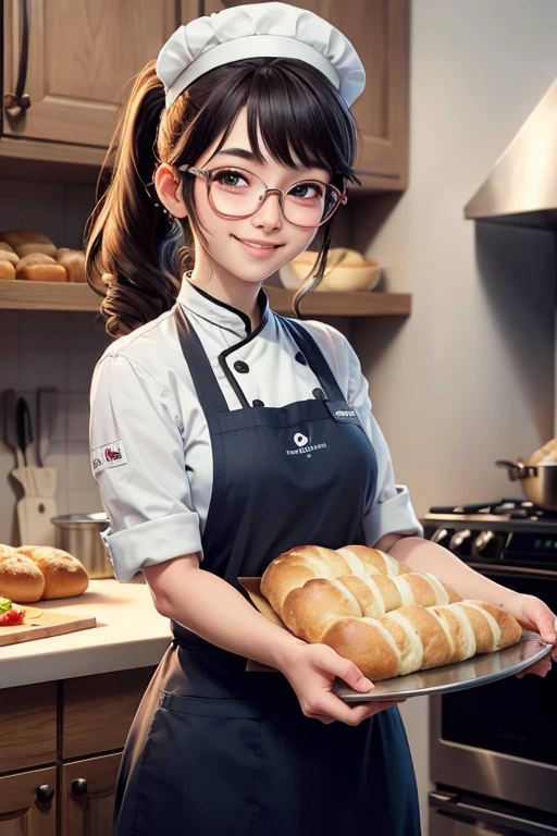 Beautiful girl, , ponytail, facial hair, wearing glasses, smiling brightly, happily making bread, carrying a tray of bread into the oven, many kinds of bread in the tray, fragrant and delicious, (wearing  cute chef  (wearing a chef's hat)), in the kitchen, anime, high quality