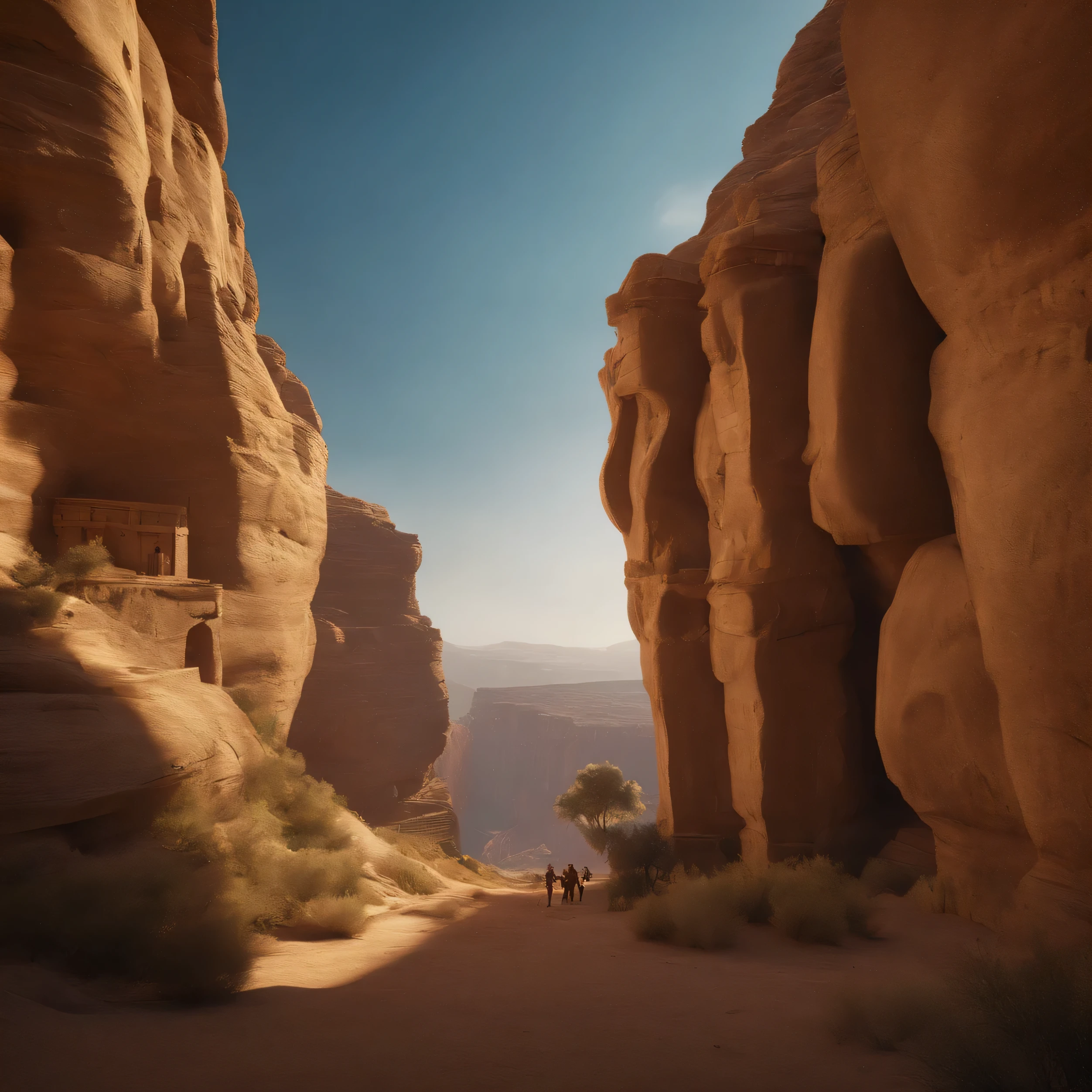 There is a large wooden statue in the middle of a narrow canyon, Unreal Engine 5 renderizado, inspirado em Ras Akyem, Giant ruins of golden head statue, Captura de tela do videogame>, still from a music video, Directed by: Thomas Crane, arcos gigantes majestosos, Inspirado em Ferdinand Knab