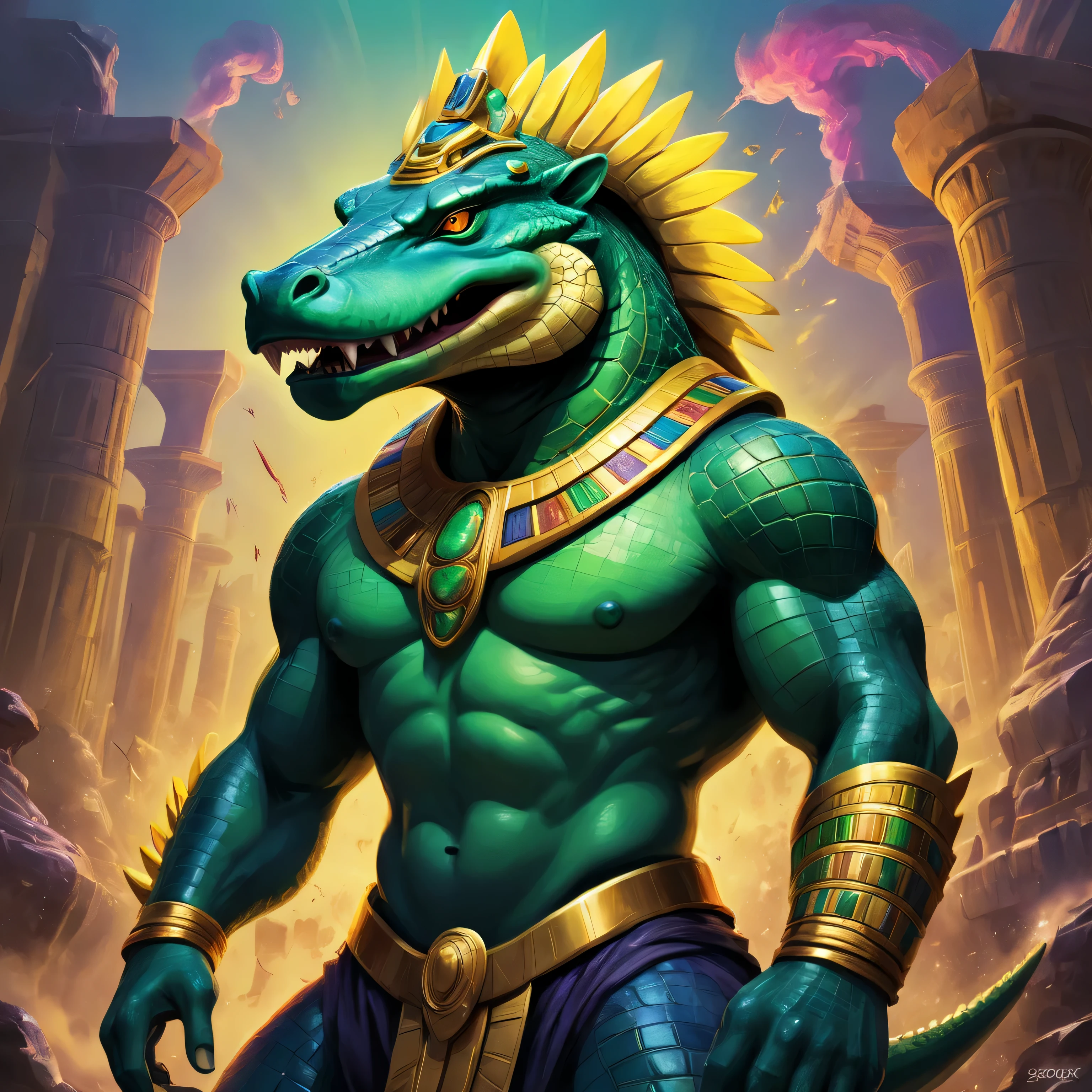 In vibrant Pop Art style, imagine a unique design of the Egyptian god Sobek, combining elements of Anime and Comic Book art. His body is a luminous, bioluminescent green, with bold, angular lines and exaggerated features. His scales shimmer and glow, reflecting the dynamic energy of the Pop Art aesthetic. Sobek's head is a fierce, menacing crocodile, with piercing yellow eyes and sharp, jagged teeth. His tongue is long and forked, flickering in and out with a playful yet ominous presence. In the background, a chaotic, colorful explosion of energy erupts, symbolizing the raw power and chaos of Sobek's divine nature. The composition is dynamic and full of movement, with bold, graphic lines and a sense of depth and perspective that draws the viewer in. The overall effect is a stunning, visually captivating representation of the Egyptian god Sobek, brought to life through the unique fusion of Pop Art, Anime, and Comic Book styles.