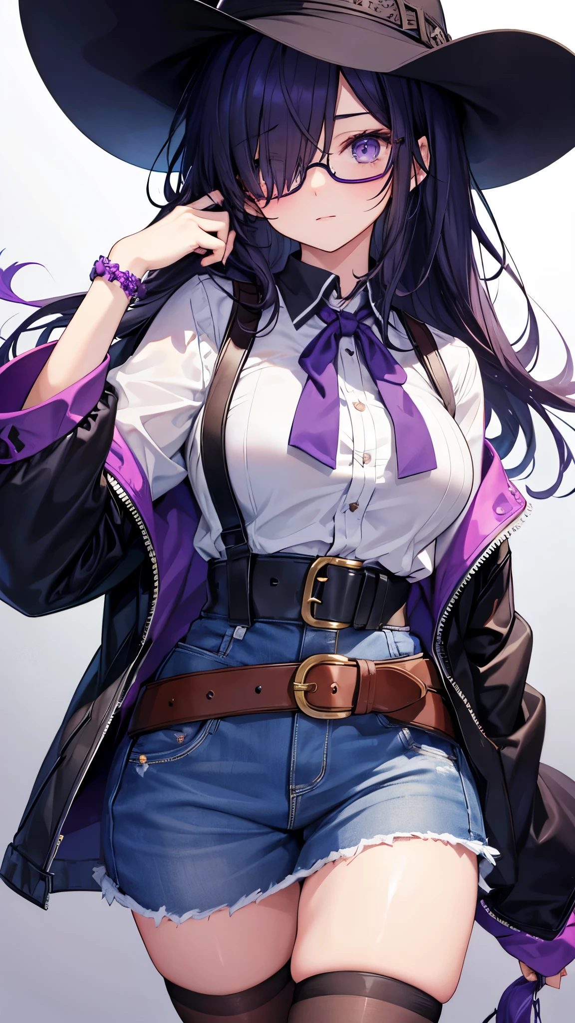 Female, 18 years old, purple-black hair trailing down to cover one eye eyes cowgirl outfit Wear round glasses Twittel hair