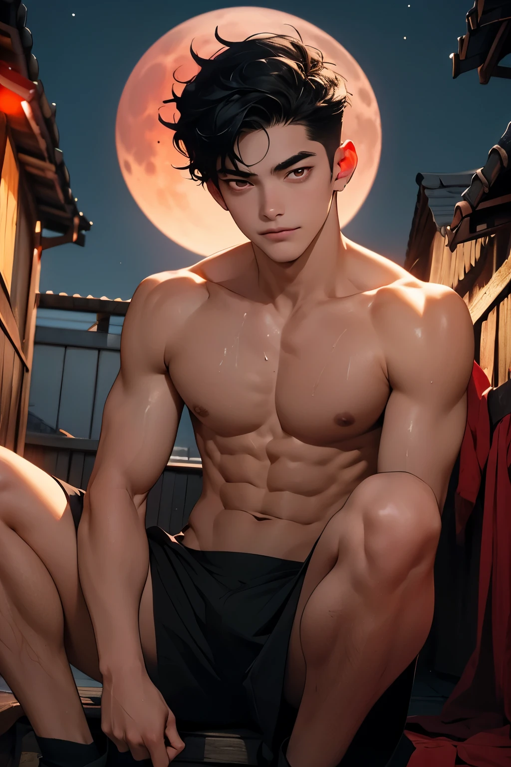 (Best quality: 1.2), (masterpiece: 1.2), young man, 18 years old, ultra white skin, black hair, red eyes, psycho smile, defined abs, sitting on the roof, wearing anything but briefs, young man, 18 years old, beaultiful ultra white skin, nice black hair, perfect red eyes, psycho smile, well detailed abs, all sweaty, sitting on the roof at night, blood munlit sky, looking to the viewer, (blood moon), (his face is tooclosed: 1.1), (dark night: 1.1), (bright red eyes: 1.1)