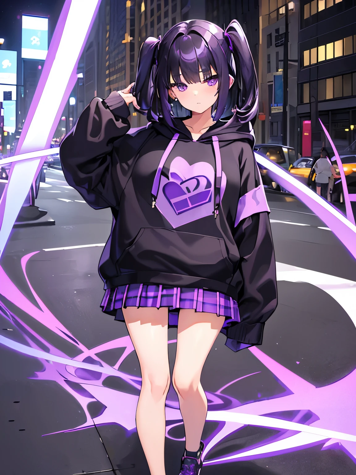 masterpiece, high quality, 1 girl, black hair, straight hair, (straight bangs), short hair, ((side up)), purple eyes, (big black hoodie), ((a Short-sleeve hoodie with a big purple heart on it)), purple stripe arm warmer, purple check skirt, mini skirts, white leg warmer, in the street