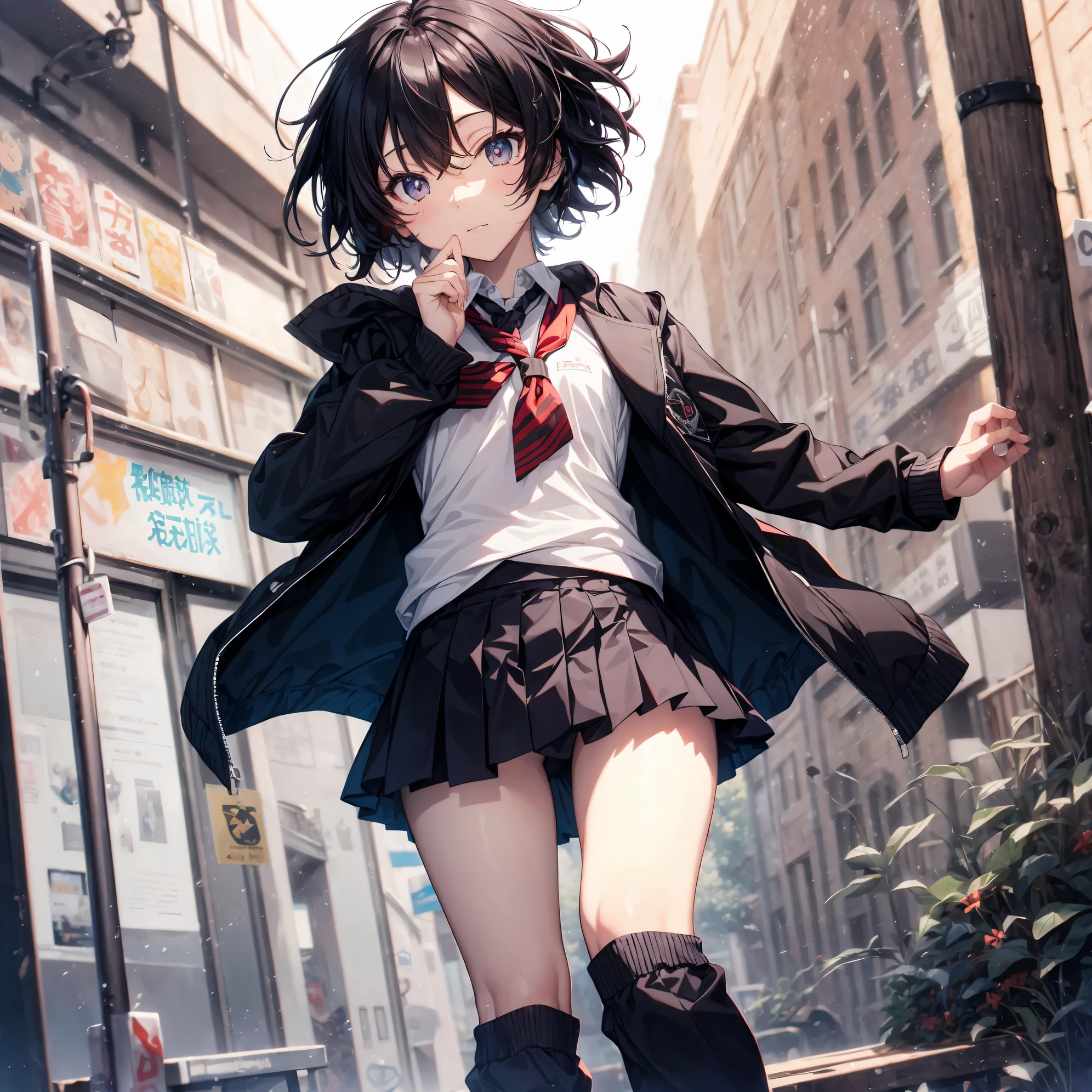 Super high quality by the art god, super detailed, High resolution, Shinkai Makoto style, anime moe art style, best anime 8K konachan wallpaper, pixiv contest winner, perfect anatomy, break,(眠そうにalone学校へ行く女の子を描いてください. ),break, surreal high school girl, (alone,change,child,:1.3),complete limbs, full finger,Middle school students, androgynous charm, (extra very short hair), messy hair, flat and soft chest, small ass, between legs, small eyes,Detailed and beautiful black eyes, Well-proportioned iris and pupils, disgusted eyes, High resolutionの詳細な髪, school uniform, skirt, On the way to school. break,super dense skin, Best lighting by famous artists, 8K, illustration,