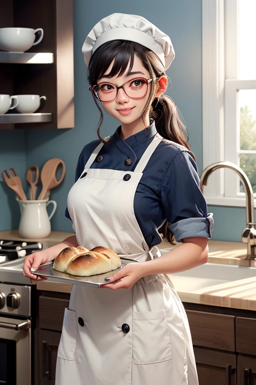 Beautiful girl, 16 years old, ponytail, facial hair, wearing glasses, smiling brightly, happily making bread, carrying a tray of bread into the oven, many kinds of bread in the tray, fragrant and delicious, (wearing cute chef (wearing a chef's hat)), in the kitchen, anime, high quality