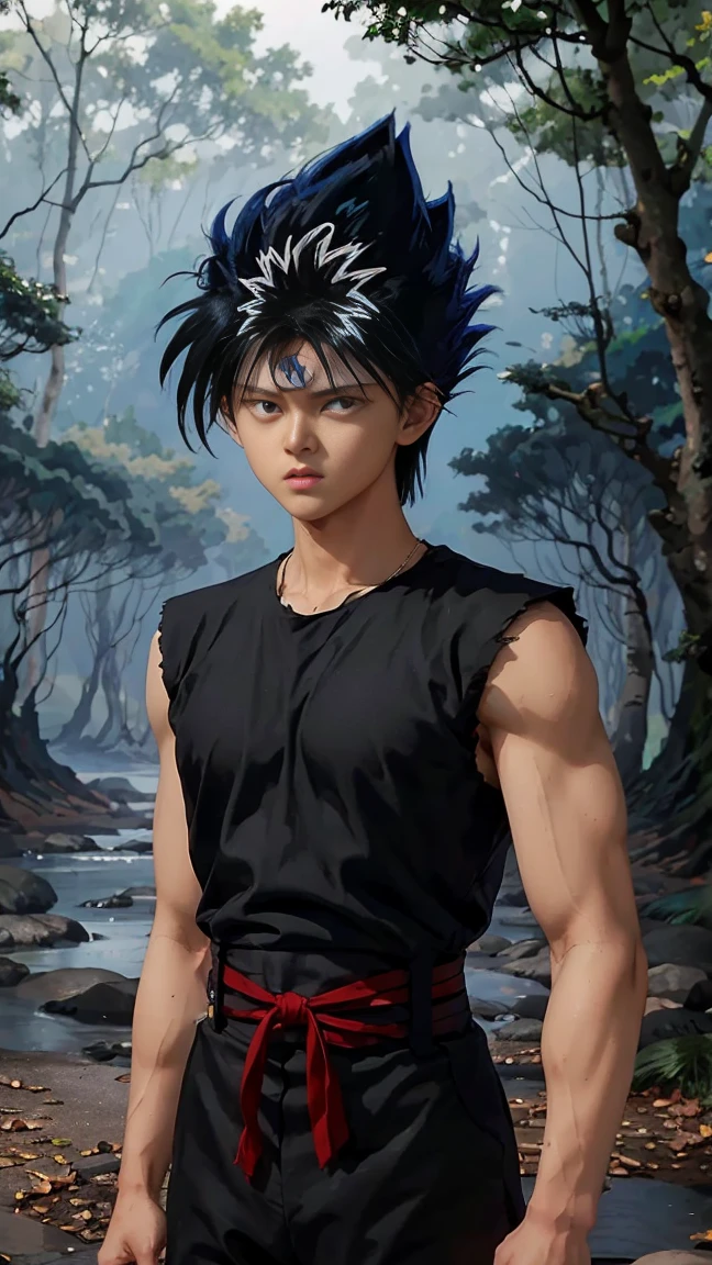 masterpiece, best quality, 1boy, hiei, black hair,  white hair, spiked hair, red eyes, third eye, upper body, sleeveless, torn clothes, solo, trees, forest background 