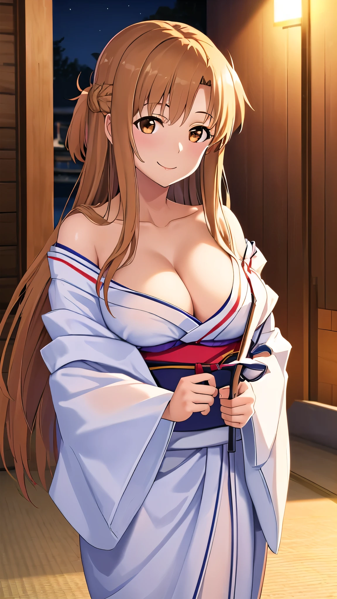 (best quality:1.5, highres, UHD, 4K, detailed lighting, shaders, HDR), asuna yuuki, light brown long hair, large breasts, off shoulder yukata, cleavage, smiling, standing, close shot, night background