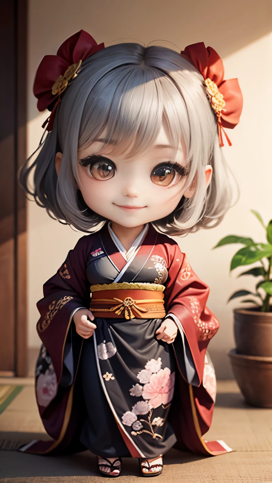 masterpiece、highest quality、super detailed、(Chibi character girl:1.2)、chibi living、luxurious embroidered kimono、gray hair、smile、cleavage