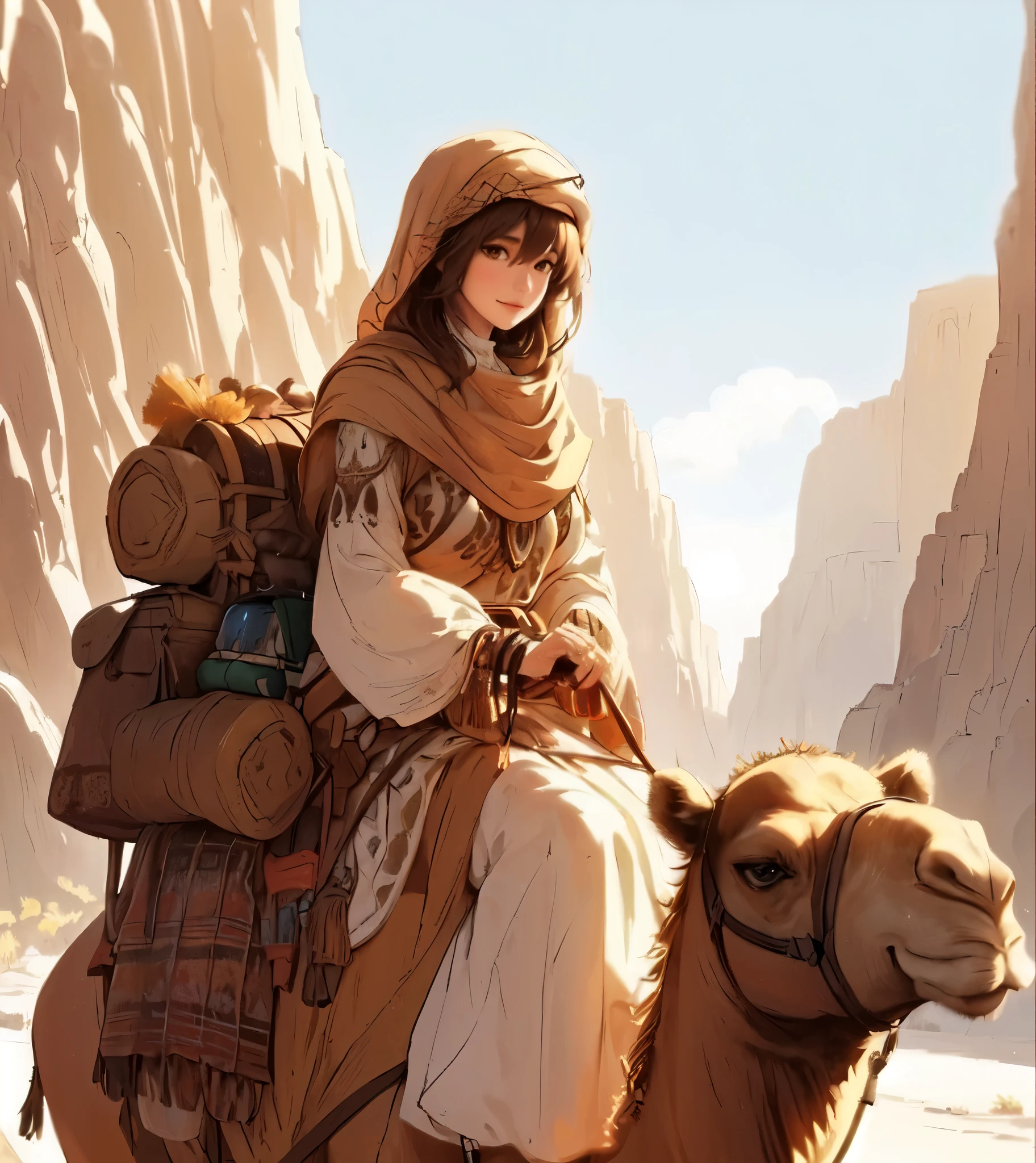 1lady solo, (riding a camel), (nomad:1.2) (stylish outfit), mature female, /(brown hair/) bangs, light smile, (masterpiece best quality:1.2) delicate illustration ultra-detailed, large breasts BREAK (realistic camel) walking slowly, (large backpack with souvenirREAK (desert canyon:1.2) outdoors, (high cliff:1.2) shadow