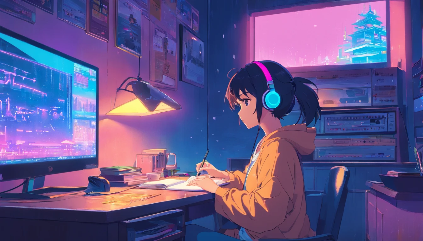 (zero), Girl studying in her room, reading a book, Wear headphones, , night lights, Neon landscape on a rainy day,Analog Color Theme, Lo-Fi Hip Hop , retrospective, flat, 2.5D ,Draw a line, Ink Drawing, Large slope, Watercolor painting, Goosch Colors, Studio Ghibli Style, Awesome colorful, Outer Ton, Synthwave, lofi art,90s style,Old texture, amplitude,90s vibe, masutepiece, Tremendous technology, 16:9 scale