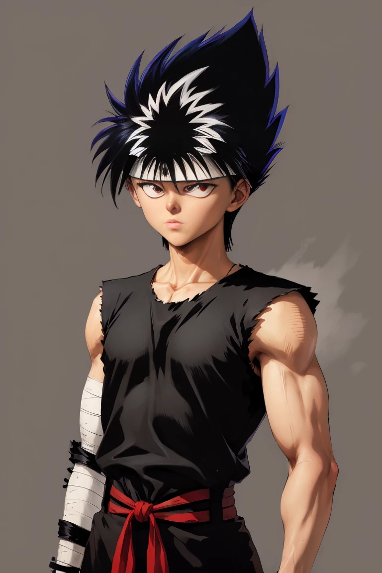 masterpiece, best quality, 1boy, hiei, black hair,  white hair, spiked hair, red eyes, headband, upper body, sleeveless, torn clothes, sketch, solo,  background 