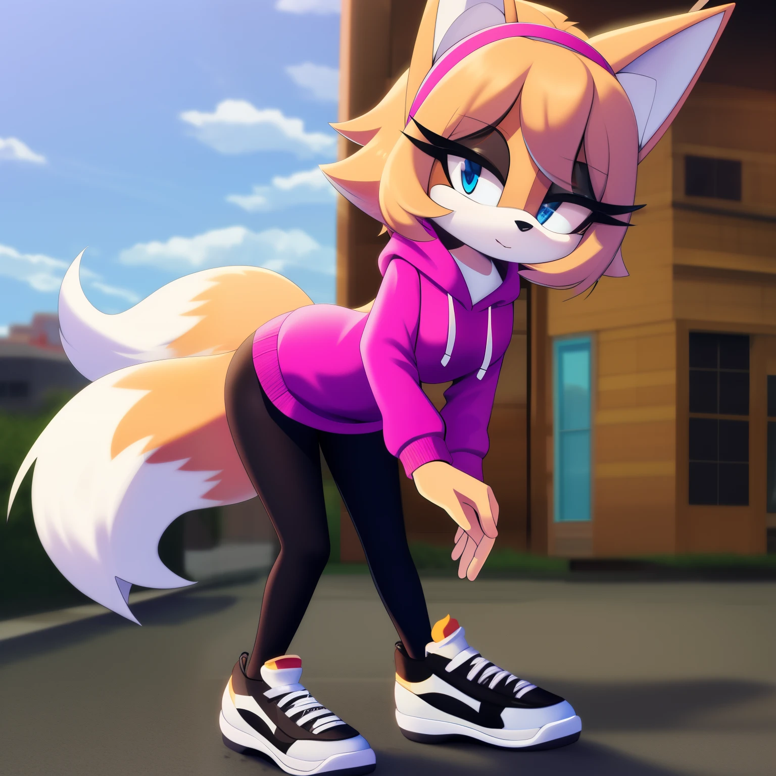 mobian, female, fox, brown fur, blue eyes, open pink hoodie, black skirt, black leggings, sport shoes, city, detailed, masterpiece, breasts, hips, half-closed eyes, looking at the viewer, long hair, messy hair, slim body, standing, leaning forward, sport shoes, fox ears, fox girl, 1 fluffy tail, black hairband