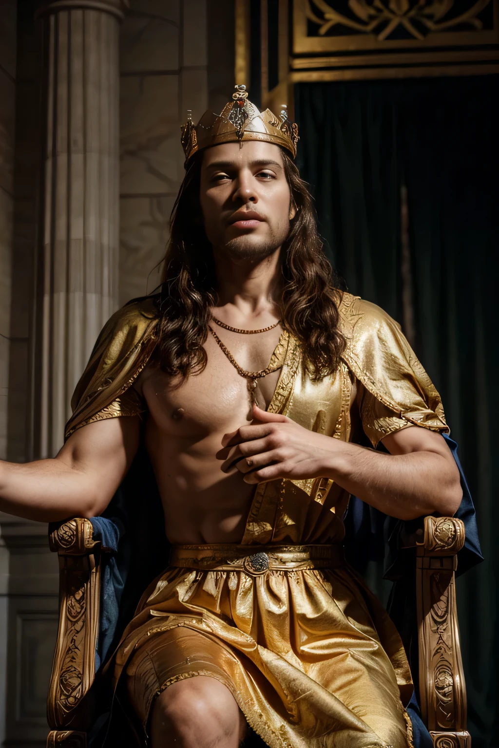 An image of King Solomon on the throne, representing the triumphant beginning of his reign, ultra detalhado, ultra detalhado background, 8k