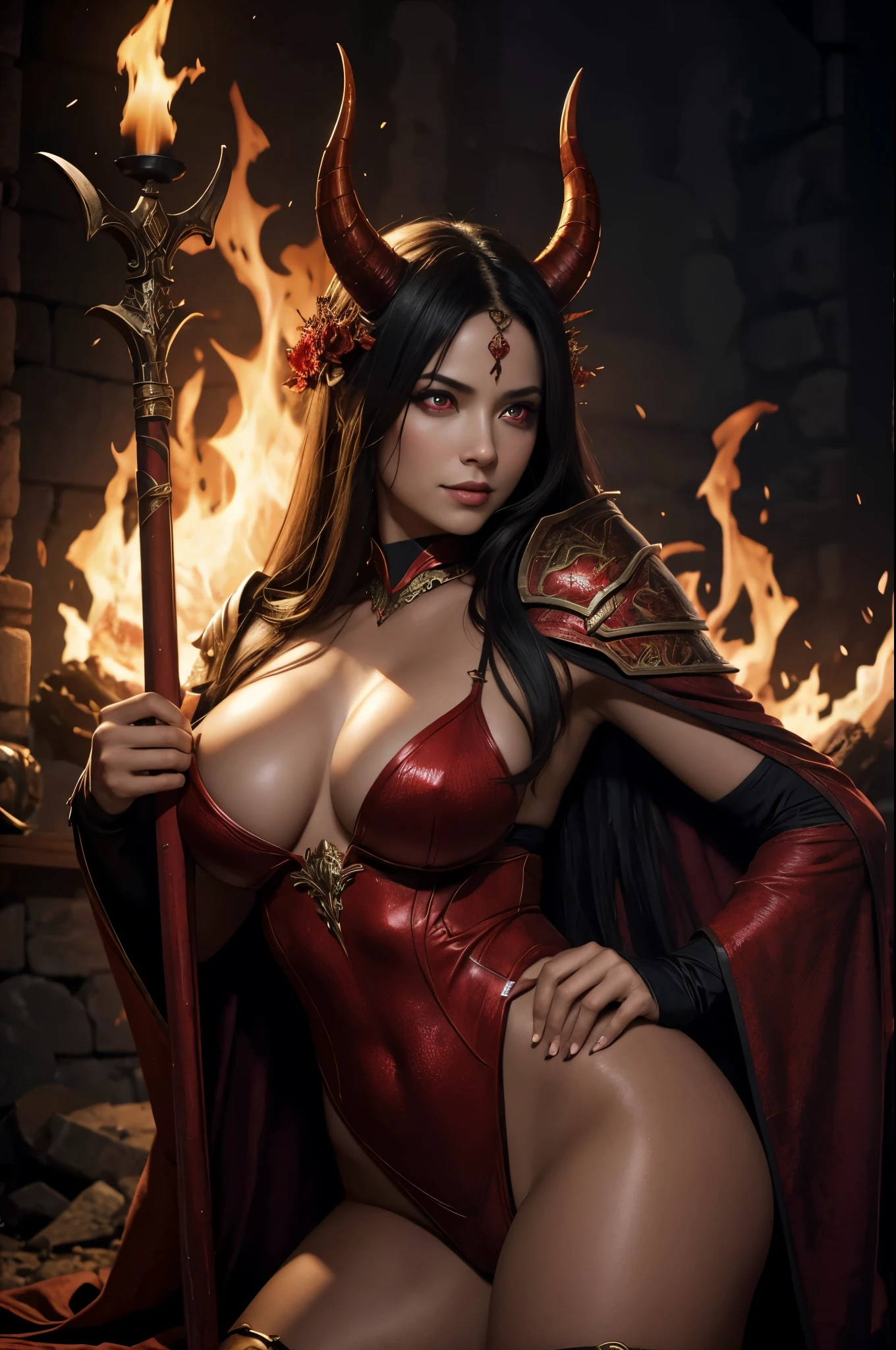 8K,beautiful mature female demon, three horns, cruel smile, red skin, Sexy flame-shaped chest armor, wreath wrapped in fire, (fiery eyes:1.2), tempt me, take your soul, hell landscape background, tortured soul, horde of distant hell, (masterpiece), (realistic:1.4), RAW, highest quality, ultra high resolution, rich colors, Backlight, bright sunshine, cinematic lighting, film grain, RAW, 50mm lens, Nikon D850, warm colors,super realistic skin,inside a dark dungeon,very big breasts,