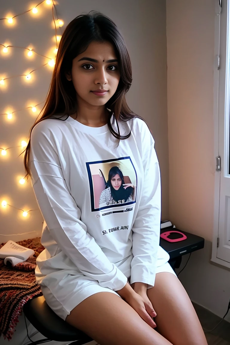 Beutiful indian girl, sitting in her Youtube studio room, looking straight on camera, realestic,sitting on chair, room is decorated with a lights, wearing full sleeve tshirt,