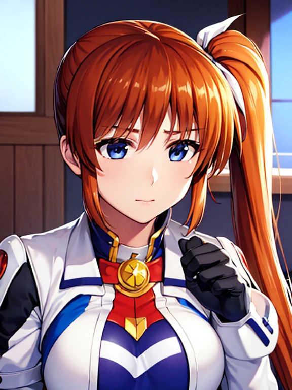 Super high quality、3Dimage:1.5、Nanoha、solo、(highest quality:1.2),highly detailed face, (Magical Girl Lyrical Nanoha), one girl、null、long hair, blue eyes, brown hair, hair ribbon, (side ponytail:1.5), white ribbon,break magical girl, Jacket, collar, puffy sleeves, long sleeve, white jacket,a little blue, Nagai skirt、Highly detailed CG, (perfect hands, perfect anatomy),whole、Front view、solo、best pictures, soft light,8Ｋimage、take off clothes,show masturbation