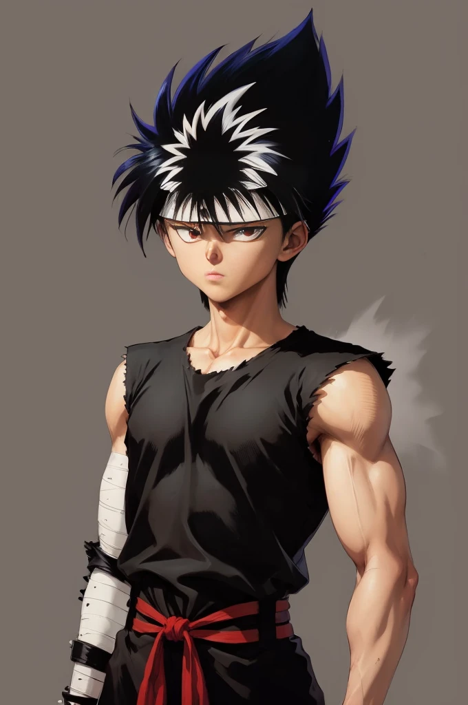 masterpiece, best quality, 1boy, hiei, black hair,  white hair, spiked hair, red eyes, headband, upper body, sleeveless, torn clothes, sketch, solo,  background 