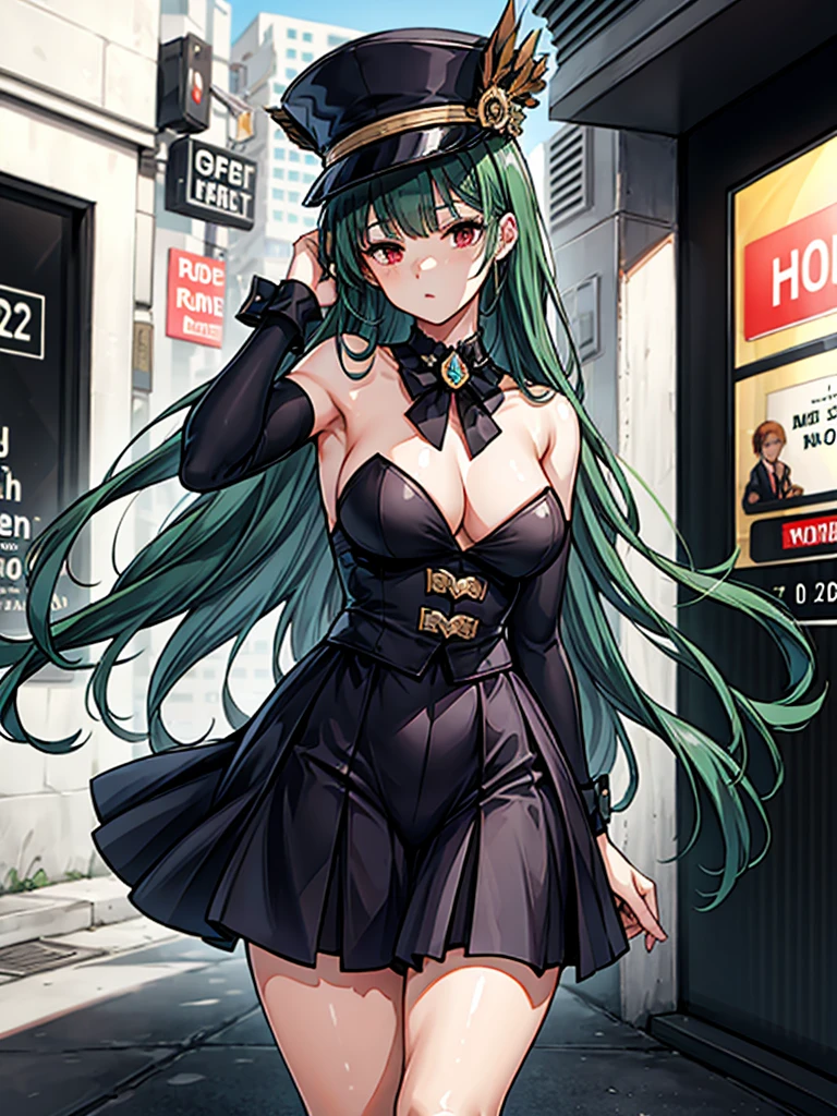 （（（masterpiece、Highest image quality、highest quality、highly detailed unity 8ｋwallpaper）））、（（Illustration of one girl））、（（（beautiful girl）））、（（green hair、long hair、straight、red eyes））、（（Men：1.2、silk hat、tuxedo））、（steampunk、１９street corner of the century）