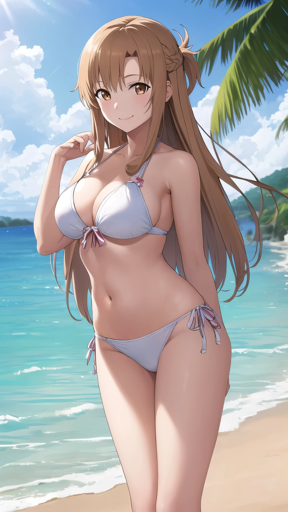 (best quality:1.5, highres, UHD, 4K, detailed lighting, shaders, HDR), asuna yuuki, light brown long hair, large breasts, white bikini, thighs, crotch, smiling, standing, close shot, beach background