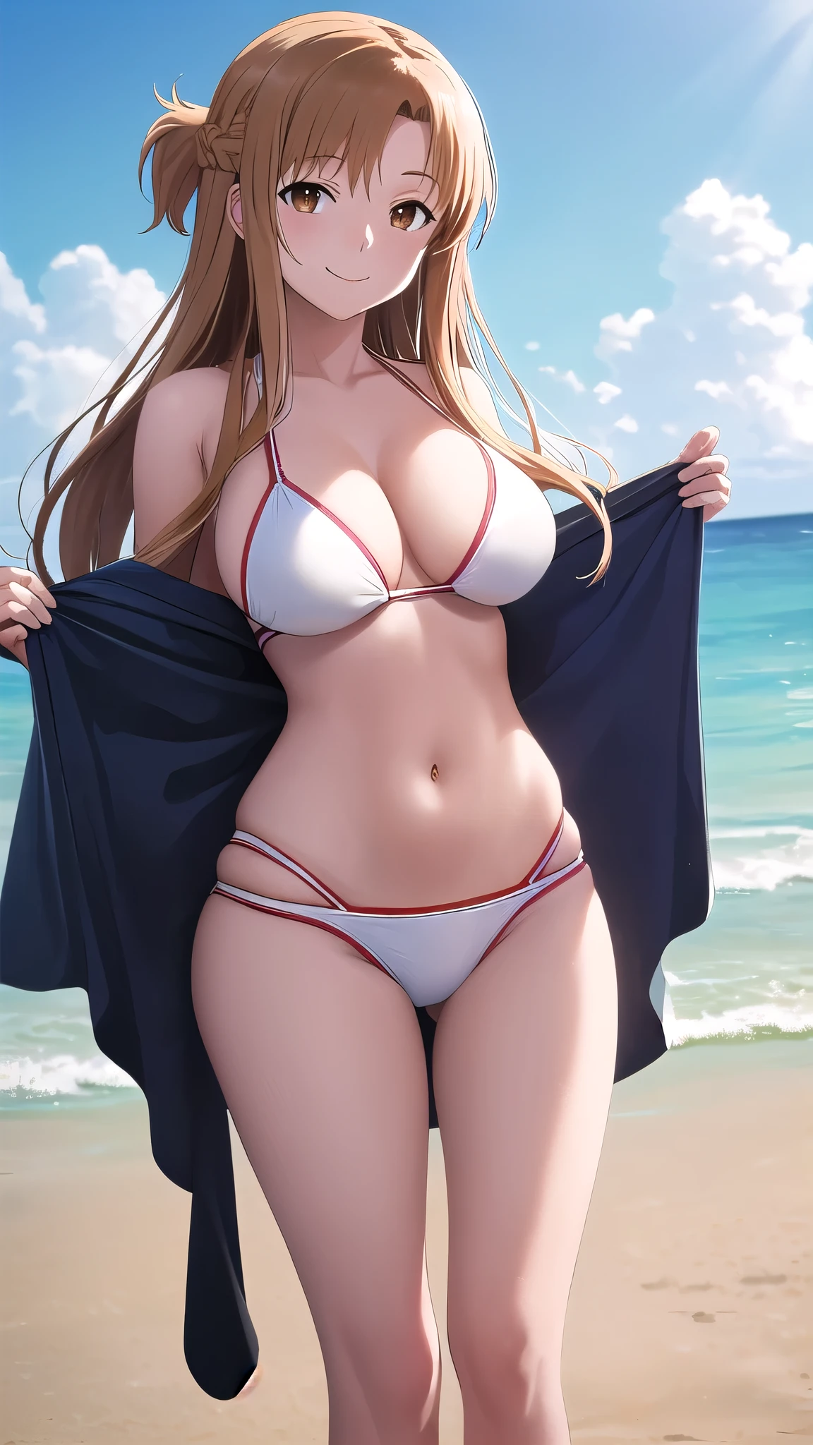 (best quality:1.5, highres, UHD, 4K, detailed lighting, shaders, HDR), asuna yuuki, light brown long hair, large breasts, white bikini, thighs, crotch, smiling, standing, close shot, beach background