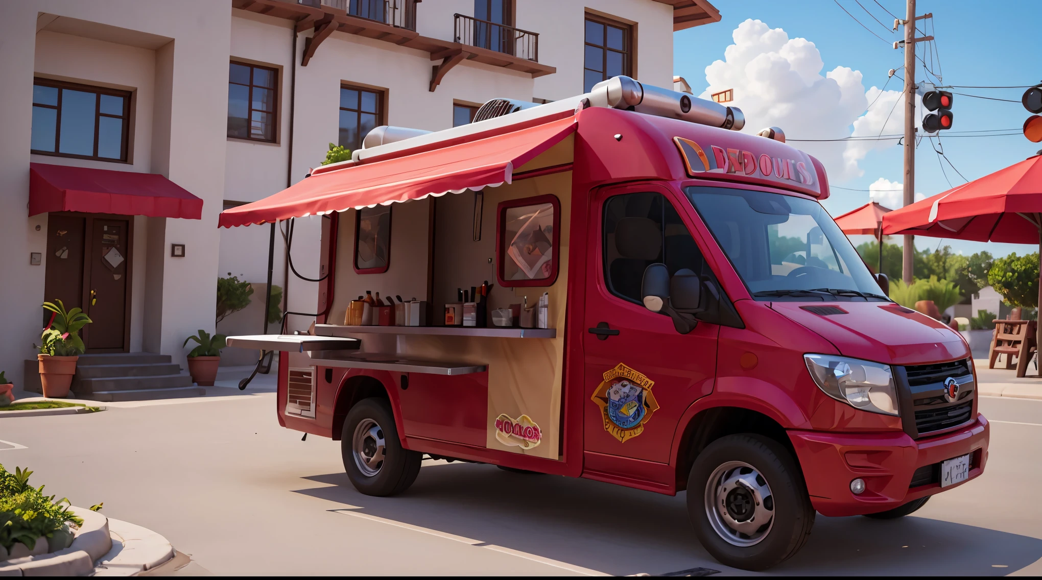 3d illustration food truck, fundo desfocado, cinematic lighthing, UHD, master part, alta qualidade, Alto, 8k, 1080P, detalhes complexos: 1.12, detalhes complexos, hiperdetalhado: 1.15, obra-prima