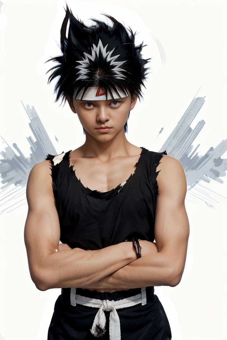 masterpiece, best quality, 1boy, hiei, black hair,  white hair, spiked hair, red eyes, headband, upper body, sleeveless, torn clothes, sketch, solo,  background 