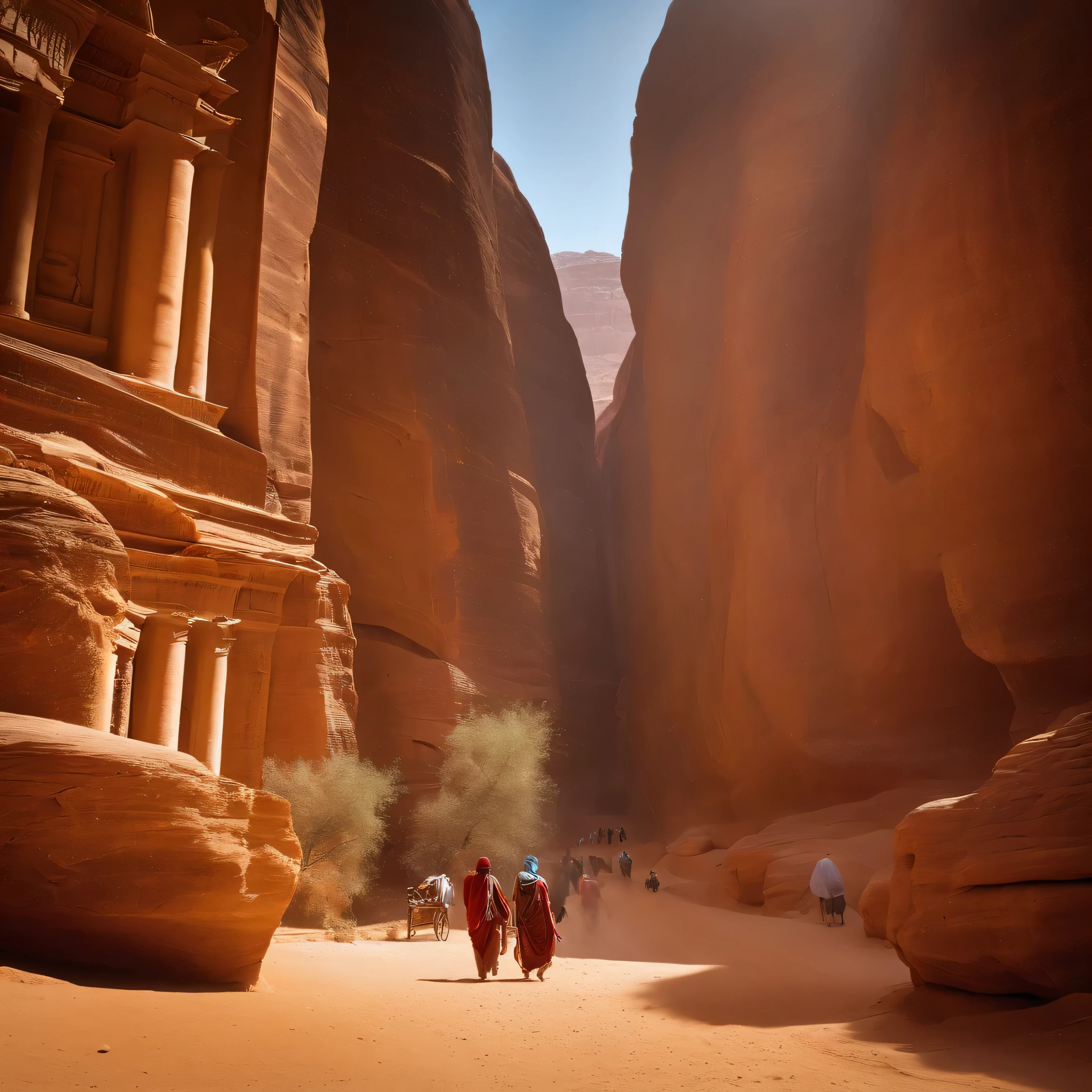 Traders walk along a dusty track in the ancient city of Petra in the desert