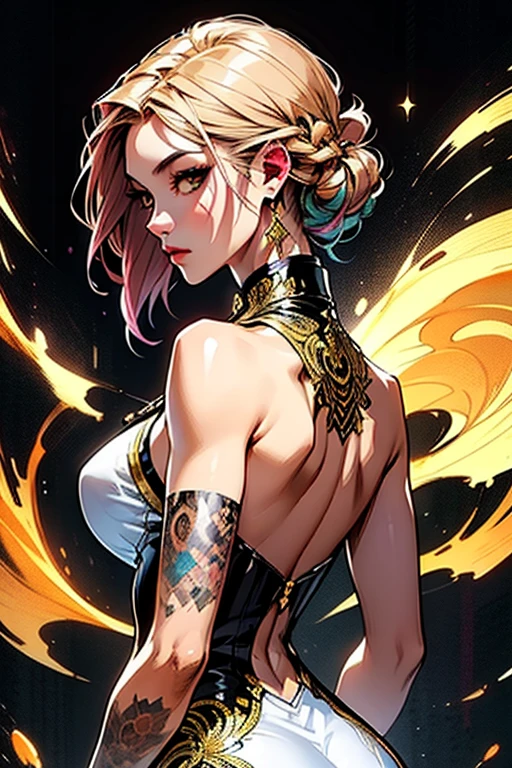 ::joe madureira e Marcelo Costa Estilo ::2.0 comix illustration style,estilo tatoon , Comic book style , ,mulher bonita com cabelo longo ultra detalhado, (fundo bonito e claro:1.2),, fantastic paintings ,estilo graffit;,  flor, olhos altamente detalhados , uma camiseta ou vestido com uma blusa branca por baixo, with both fists in a fighting position, e pulseiras, lutando contra um inimigo, com longos cabelos pretos , vitrais coloridos,  fora, vibrante, Estilo Alphonse Mucha, Fantastic paintings by Joe Madureira  ,alta qualidade,  arte,Ashley Graham mulher bonita com cabelo vermelho longo  , liberdade, alma, digital illustation, comiс style, anatomia perfeita, Centrado, Approaching perfection, Dynamic, altamente detalhado, pintura em aquarela, Artee station, artee conceitual, liso, foco nítido, illustration, artee de Carne Griffiths e Wadim Kashin,peito grande,Anime girl alone with a medium length pose and cute clothes, short pastel blonde hair , heterocromia, anatomia perfeita, Centrado, Approaching perfection, Dynamic, altamente detalhado, folha de caracteres, Artee station, artee conceitual, liso, foco nítido, illustration, artee por Kim Jung gi,, Artgerm, Carne Griffiths e Wadim Kashin , Sasha Yakovleva, Loish, Jeremy Mann, tiro de corpo inteiro, folha de caracteres, Onda de raios, Pintura em aquarela anime bonita ,Paint Dripping por Tim Okamura, Victor Nizovtsev, Greg Rutkowski, Noah Bradley. trending on ArtStation, 8k, master part, tinta grafite, detalhes finos, cheio de cor, detalhes intrincados, golden ratio illustration,monochrome green background, master part, best quality, alta qualidade, Altas, best quality, high resolution fix, bright amazing lighting, aprimoramento de detalhes, best quality, alta qualidade, Altas, high resolution fix
