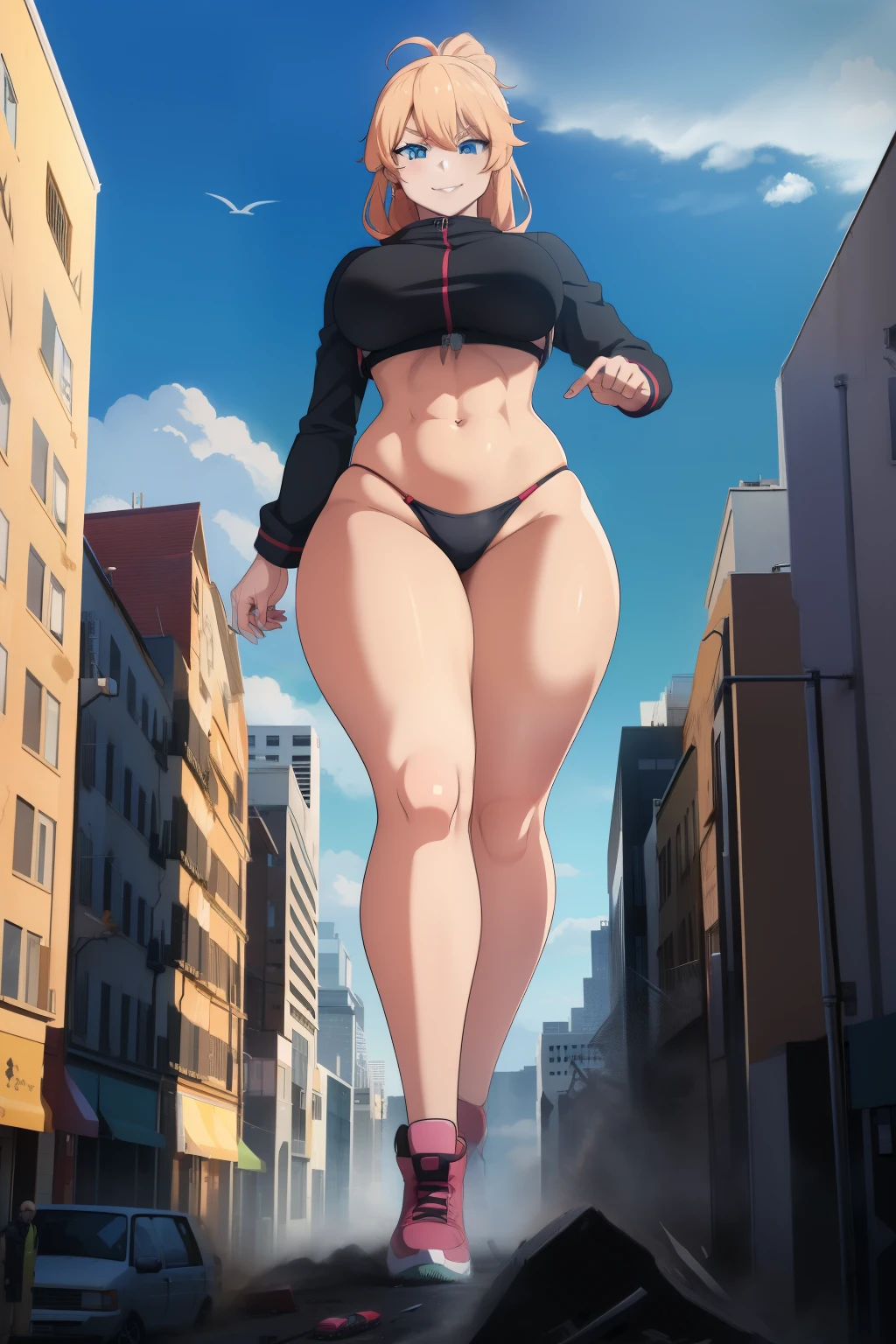 An anime female character walking in a city, 1girl, GTS, giantess, bikini, curvy, busty, smirk, evil smile, thick thighs, walking, taller than buildings, stepping, rampage, sky, cloud, full body, breasts