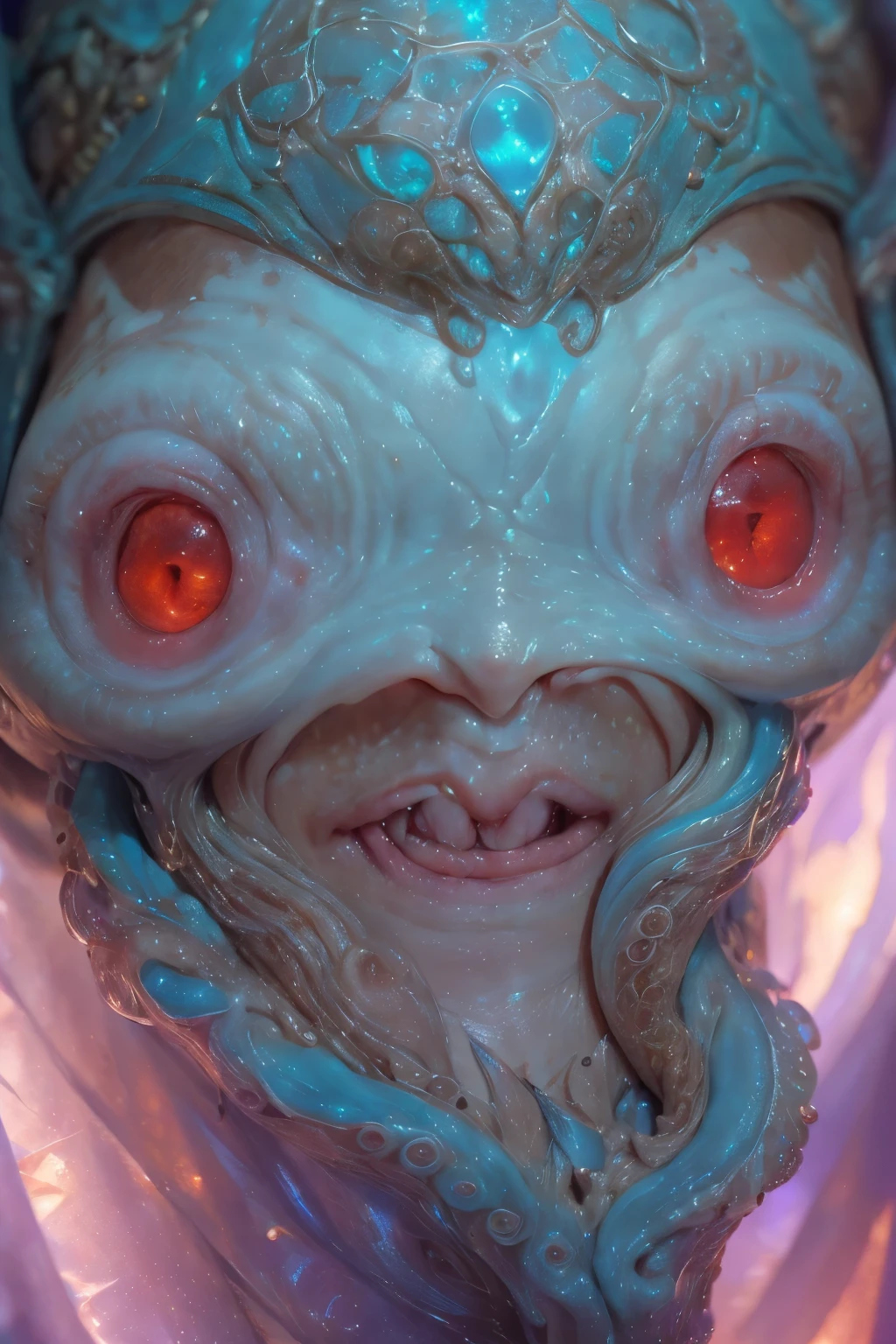Portrait, (beautiful female alien:1.2), (she has red eyes with no pupils:1.8), (Translucent skin:1.7), (There is a female genital-like organ in the middle of the forehead..:1.9), (The most beautiful face in the history of the universe:1.2),an evil gaze that seduces, (large mouth:1.1), (sharp teeth like a vampire:1.2), Full body portrait, (bio luminescent:1.5), (Smile wickedly:1.3), (sexypose:1.5), alien, No humans, cells are fused, (Lots of translucent tentacles:1.3) extraterrestrial, cell, bio image, best quality, 8K,In 4K_quality, High freshness, Dramatic Lighting, masutepiece:1.5,cinematic quality, detail up, (exquisite details:1.2), high resolution, High freshness, drawing faithfully, (Thick eyebrows:1.2), Beautiful eyes with fine symmetry,(Highly detailed face and eyes:1.2), Intimate face, (Super detailed skin quality feeling:1.4), perfect anatomy, (Beautiful toned body:1.5), (Moist skin:1.2), not wearing makeup, (dark circles:1.1), long canines, cinematic drawing of characters, ultra high quality model, cinematic quality, detail up, (exquisite details:1.2), high resolution, High freshness, drawing faithfully, official art, Unity 8K Wall , 8K Portrait, best quality, Very high resolution, ultra detailed artistic photography, midnight aura, unreal enginee 5, Ultra Sharp Focus, art by alberto seveso, ArtGerm, Roisch, intricate artwork, best quality, masutepiece, ultra high resolution, (photos realistic:1.4), ultra realistic realism, dream-like, nautilus, Creation of fantasy, Snail, Dream Snail, biopunk nautilus, Thrilling color schemes, ultra realistic realism, seductively smiling, Blue tentacles,